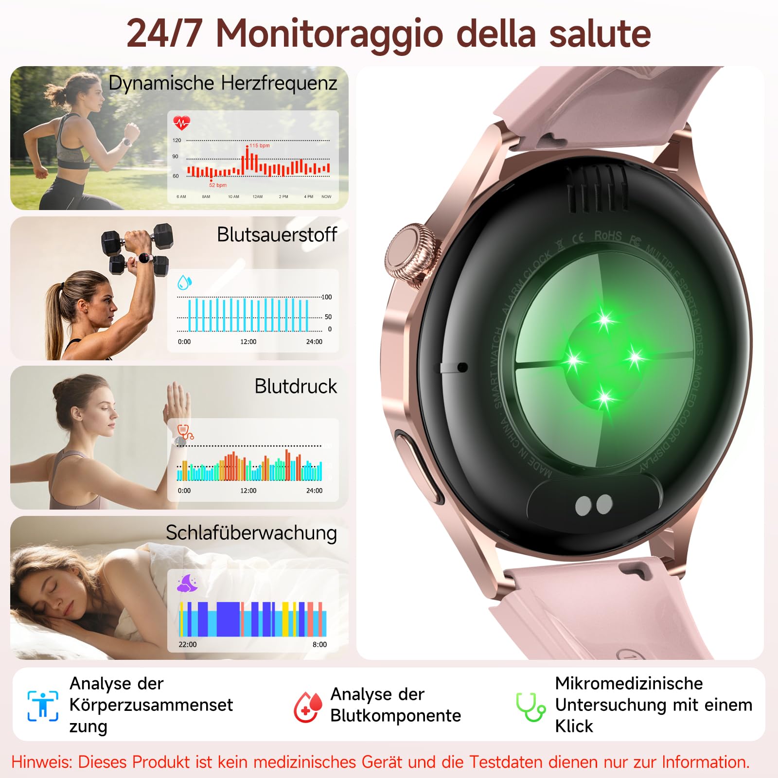 Smartwatch Damen mit EKG, HRV/Blutdruckmessung, 1.32" AMOLED Gesundheitsuhr | Telefonfunktion, 24H Mikro-Check, Puls, Schlaf, SpO2, Harnsäure, BMI, Temperatur & Zyklus, SOS, Fitnessuhr für iOS/Android