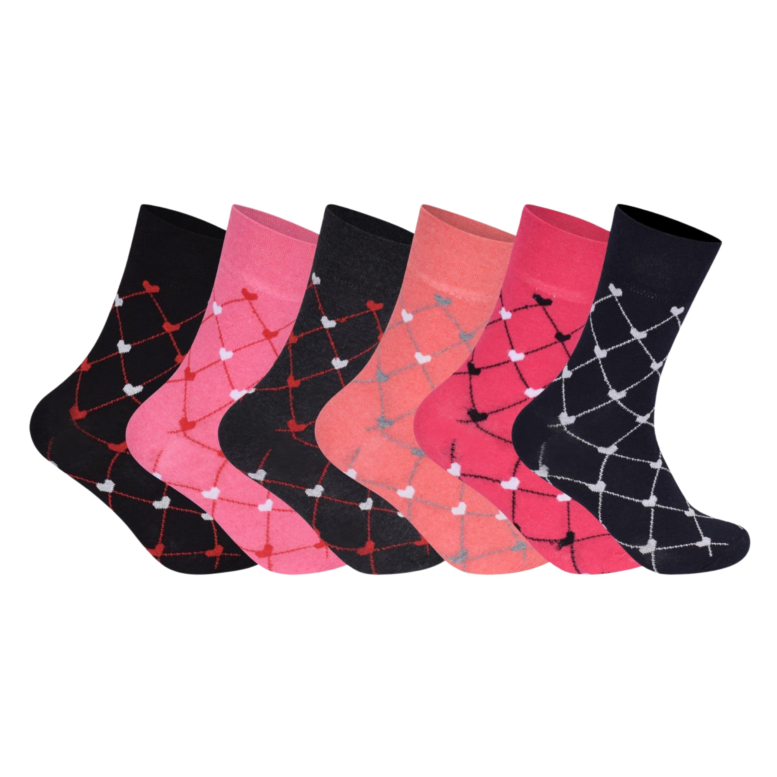 ShopMCR 6 Pairs Men’s Diabetic Socks – Cotton Rich Loose Top Non-Elastic Socks for Swollen Feet, Edema, Circulation, and Comfort – UK Size 4-8 (6 Pairs, Hearts)
