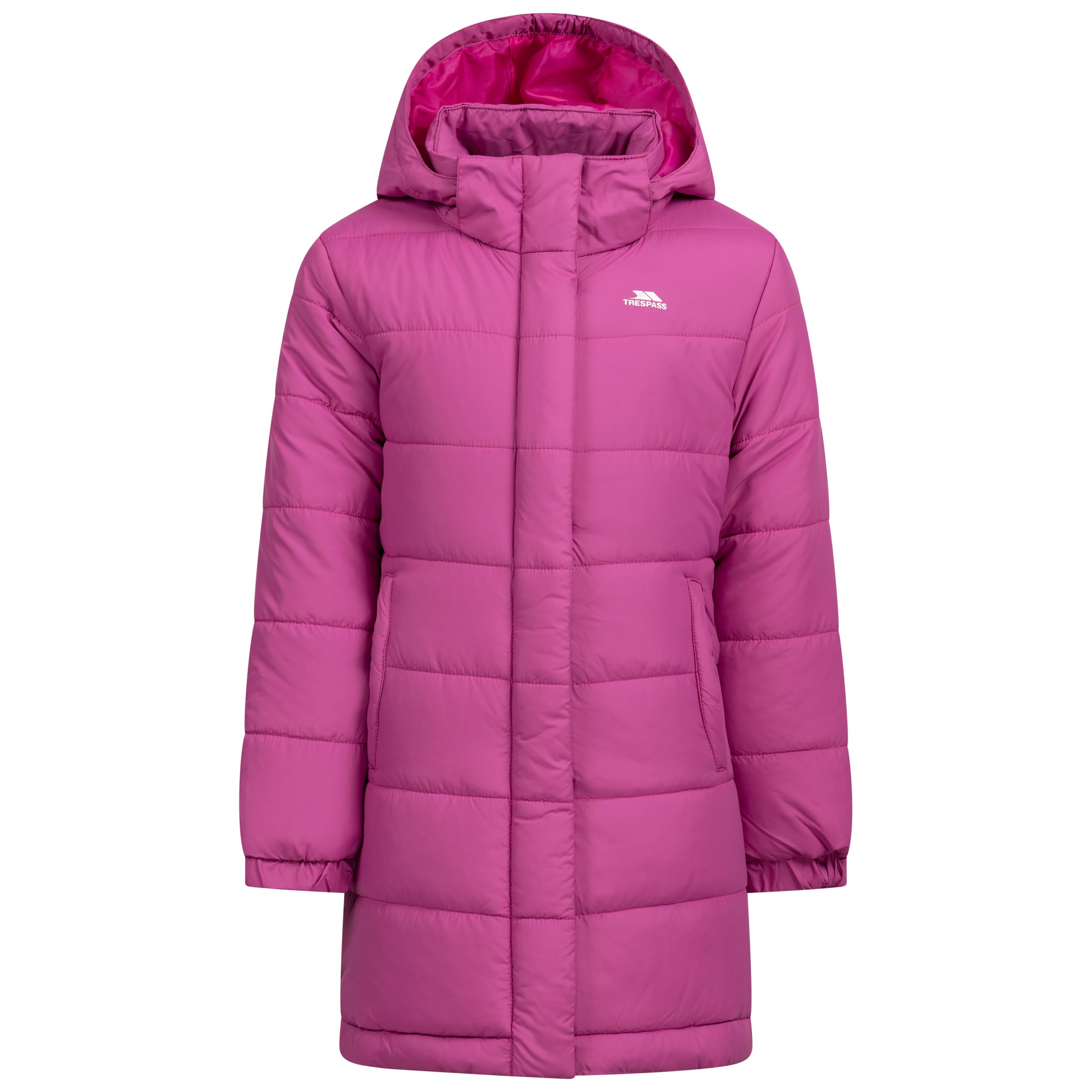 Trespass Girls Deep Pink Quilted Jacket Sellster - Detachable Hood, 2 Pockets, Elastic Cuffs, 100% Polyester, Trendy Look