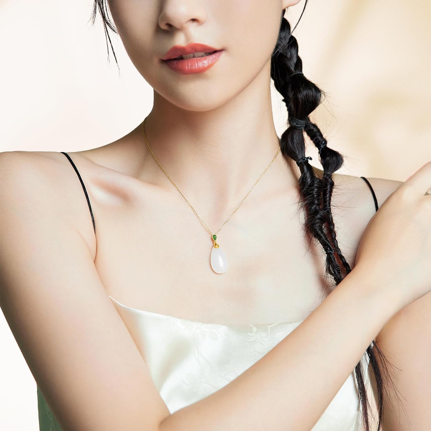 ZHOU LIU FU 24K Solid Gold Pendant for Women, Real Pure Gold White Nephrite Jade Jewelry Dainty Drop Pendant for Men Girlfriend (Not Include Necklace)