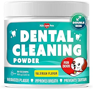 Dental Cleaning Powder Dog Breath Freshener to Help with Plaque, Tartar, & Caries โ Dog Probiotics + Valerian in The Composition โ Scoop Included โ 100 G