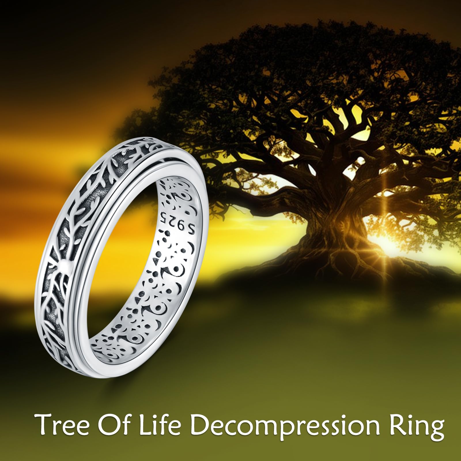 Anillo antiestrés de plata de ley 925 para mujer, anillo giratorio para la ansiedad, regalo para mujeres y hombres, Ester, Sin piedras preciosas