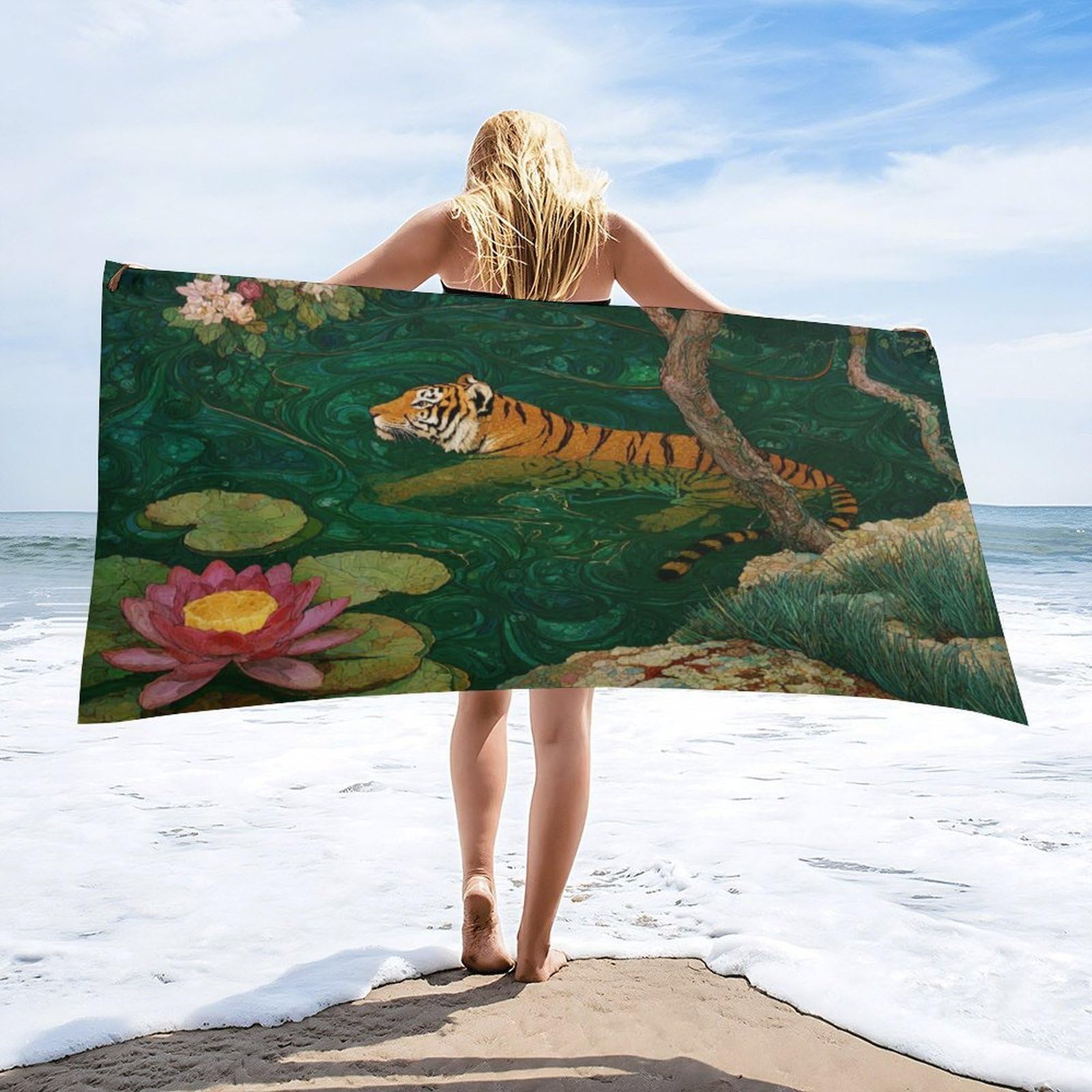 Luyysky Vintage Beautiful Animal Tiger Quick-Drying Beach Towel, Realistic Watercolor Japanese Cherry Blossom Lotus Floral Travel Vacation Single Sided Pile Bathroom Towels-80 W Cm X 160" L Cm
