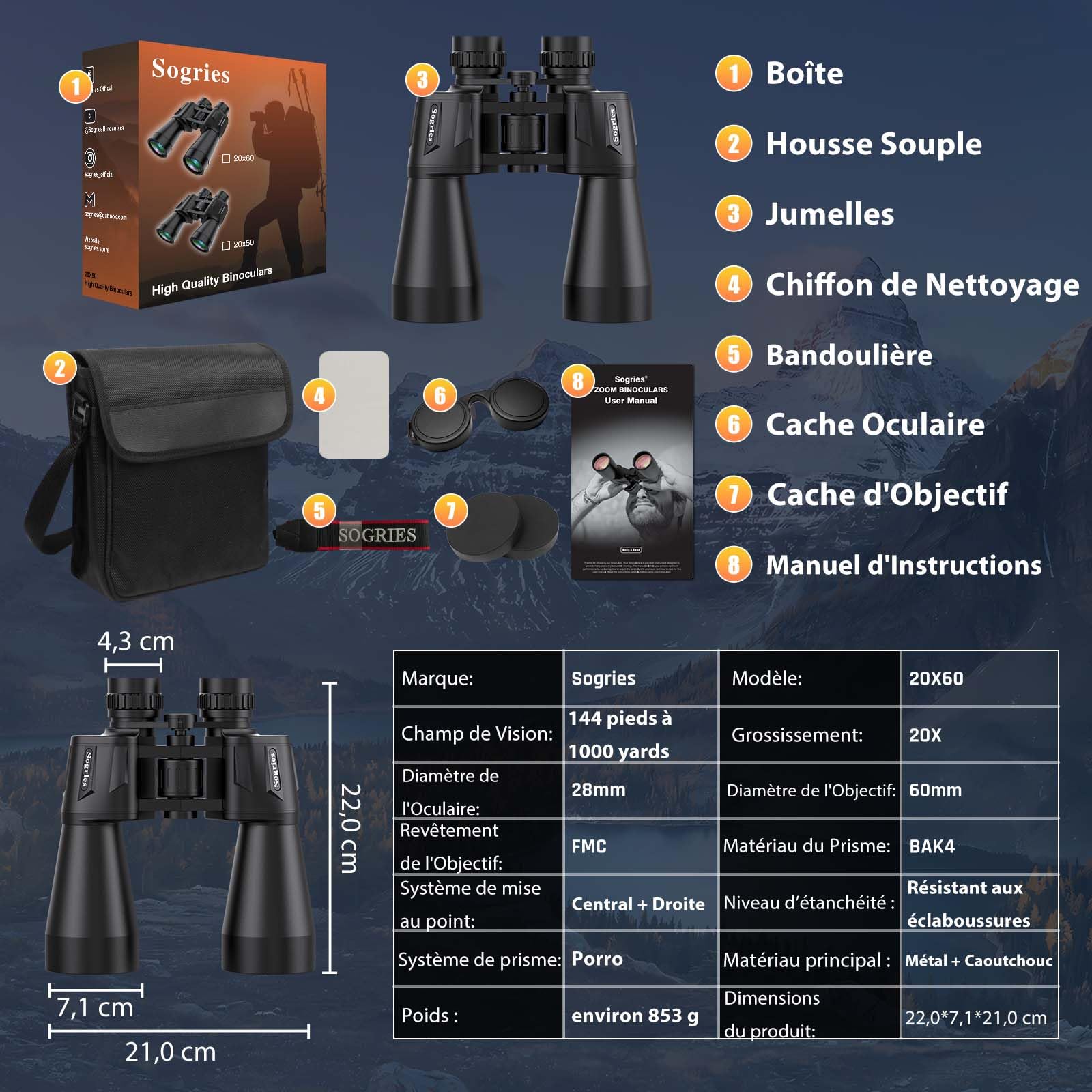 Jumelles compactes 20 x 60 pour Adultes, Haute Puissance, étanches et antibuée pour Observation des Oiseaux avec Vision en Faible luminosité, Chasse, Voyage, Sac de Transport Inclus