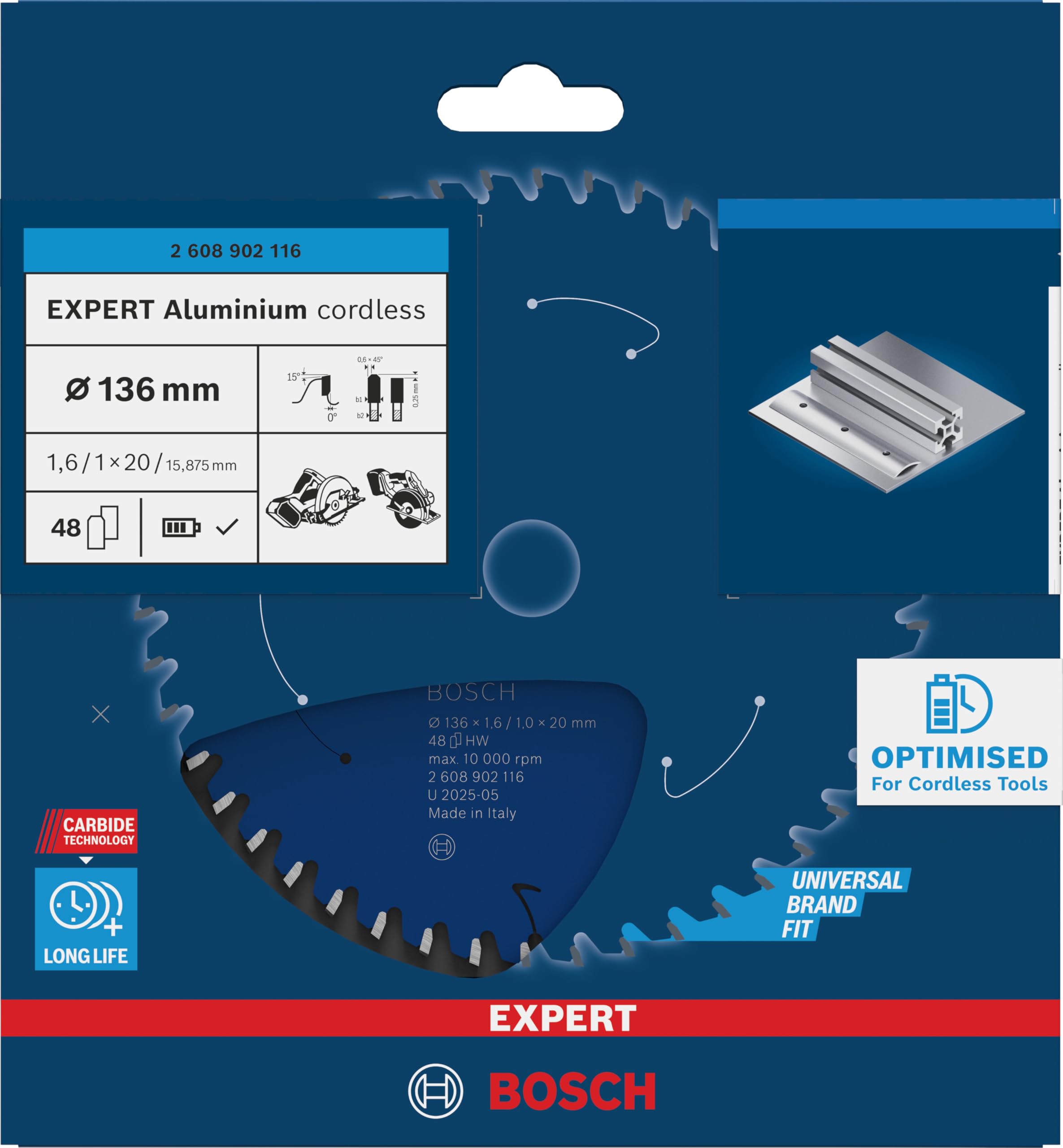Bosch 1x EXPERT Aluminium Cordless lama per sega circolare per sega circolare portatile (per Alluminio, Ø mm, Professional Accessorio Seghe circolari a batteria portatili)