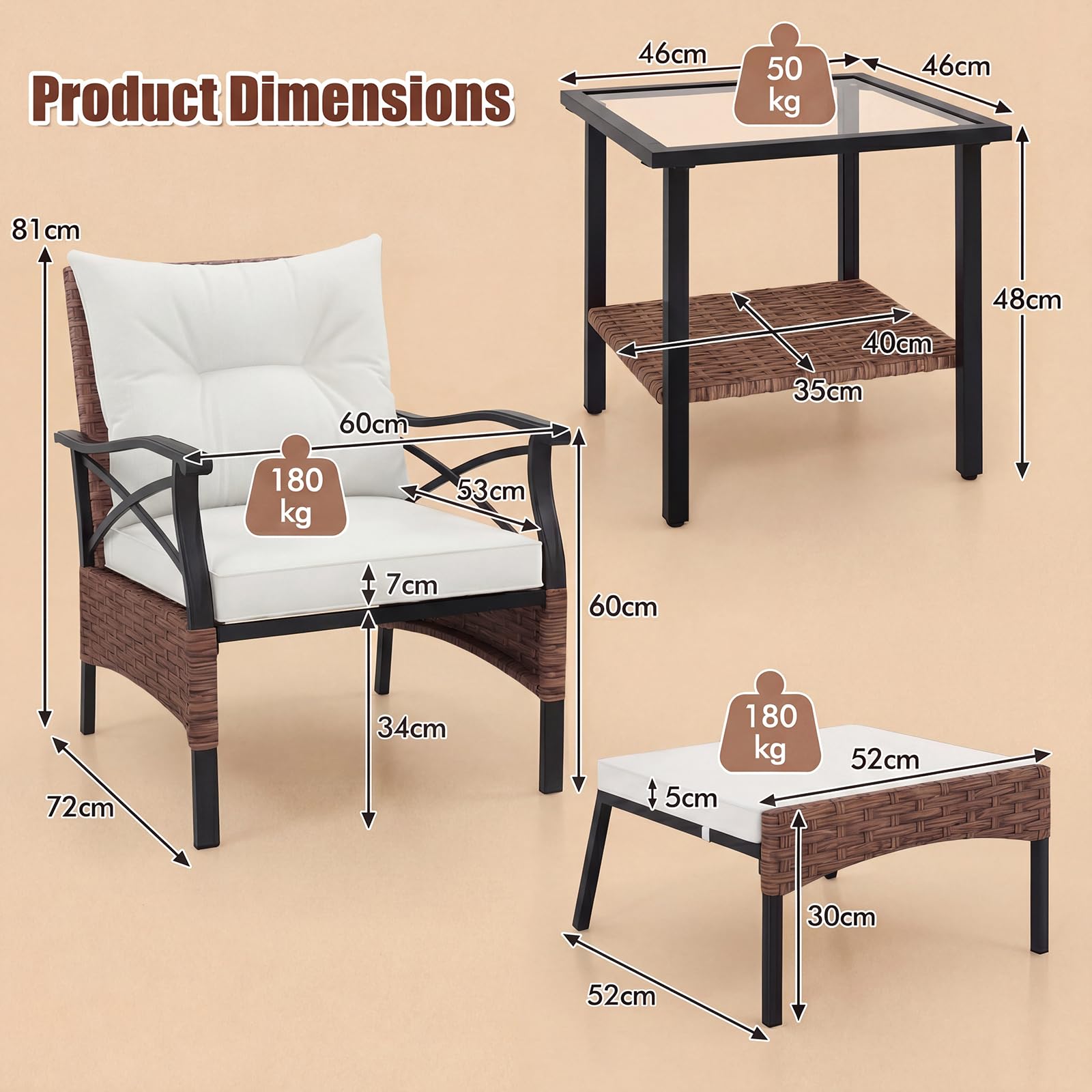 GIANTEX Conjunto Muebles Jardín Exterior de Ratán 5 Piezas, 2 Sillones, 2 Otomanas y Mesa de Vidrio, Cojines Extraíbles, para 2-4 Personas, Juego de Conversación para Patio Terraza (Marrón+Beige)