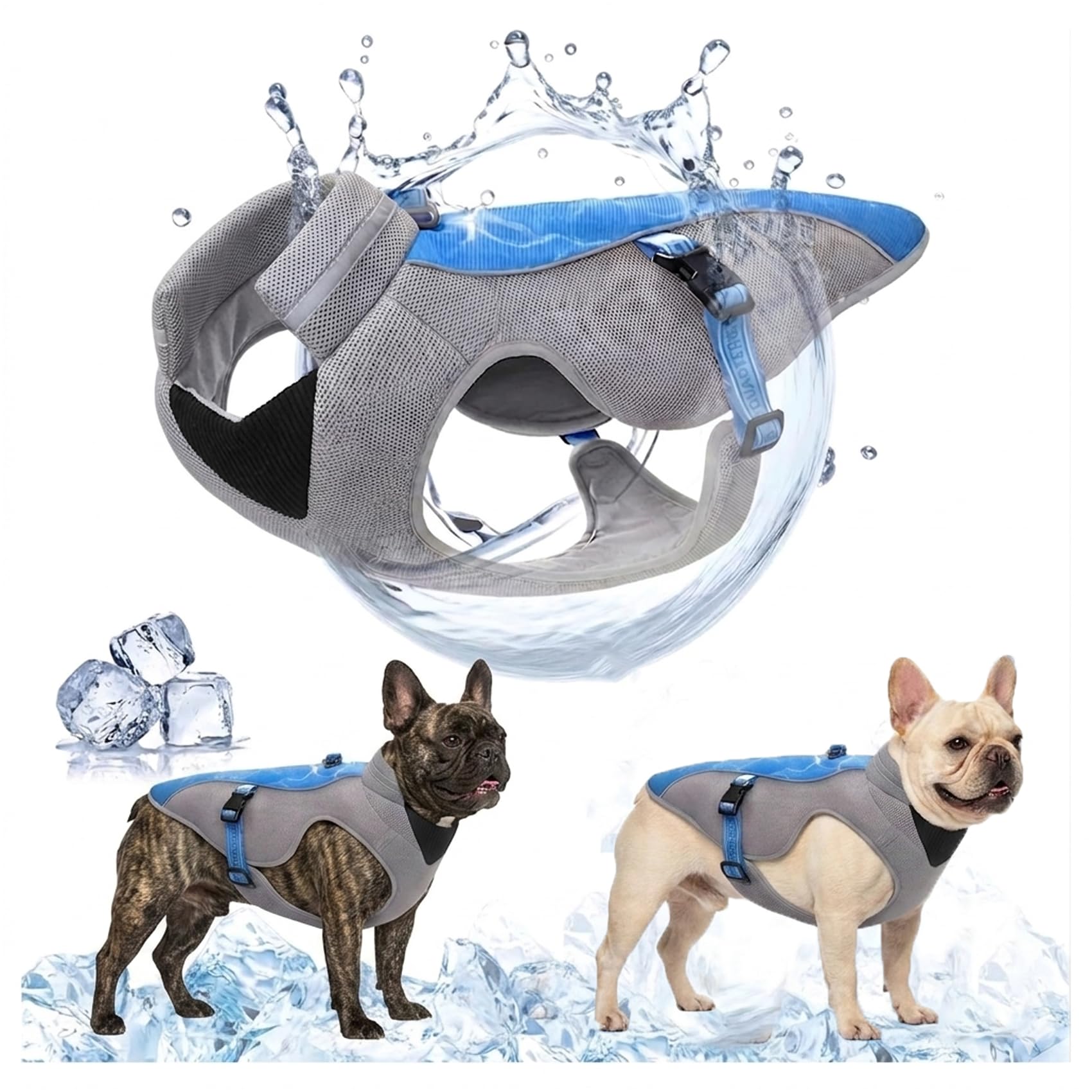 Improved Dog Cooling Vest with Reflective Stripes - Sun Protection Jacket for Small, Medium and Large Dogs, Breathable Mesh Harness for Running, Summer Sports and Travel (Bulldog Blue, L)