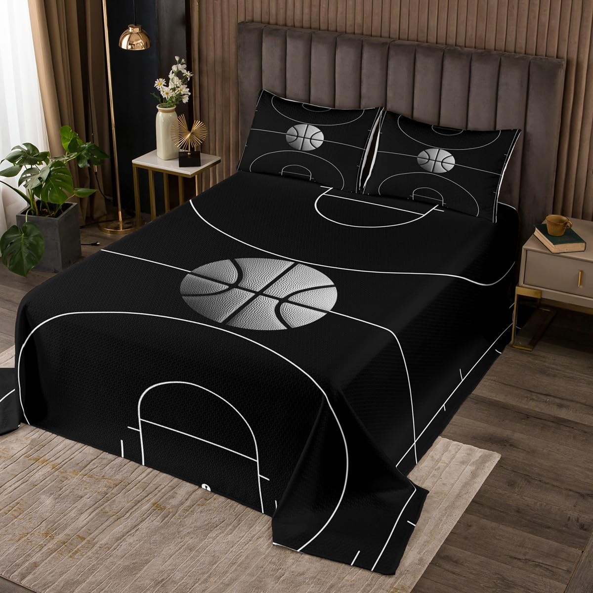 Castle Fairy Basketball Bedspread Twin Size Bedding for Kids Teens Bedroom Ball Sports Games Themed Decor Coverlet Set Basketball Hoop Quilt Set for All Season,2 Pcs with 1 Pillowcase