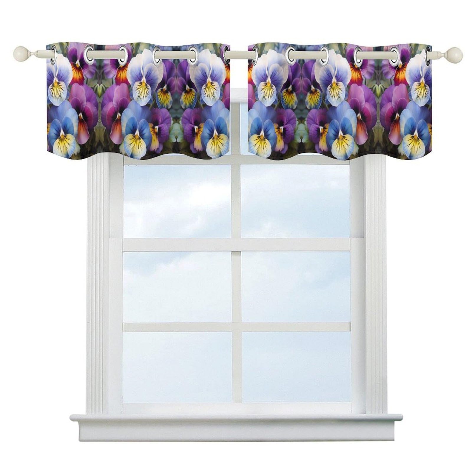 Voile court festonné motif pensée Perfection pour embellir la fenêtre du salon ou de la cuisine