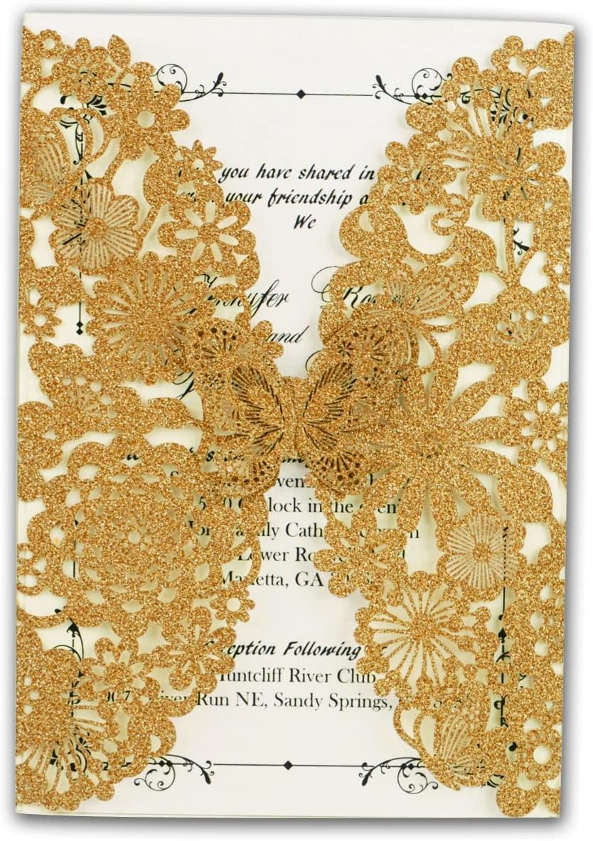 5X7.3 Inch 50PCS Gold Glitter Wedding Invitations Cards with Butterfly and Envelopes 5x7.3 Inch Blank Laser Cut Lace Flora Design Quinceanera Invitation for Birthday Party Supplies