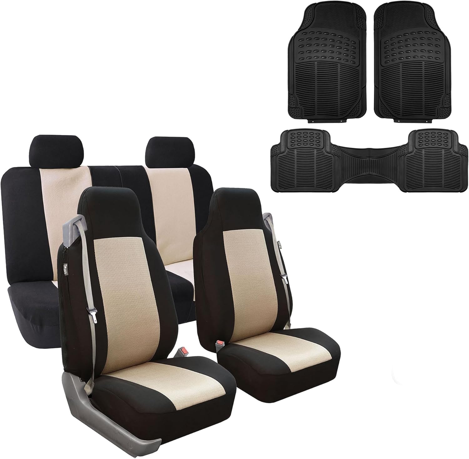 FH Group FH-FB302114 All Purpose Flat Cloth Car Seat Covers Beige/Black Color with F11306 Vinyl Floor Mats, Beige/Black Color - Fit Most Car, Truck, SUV, or Van