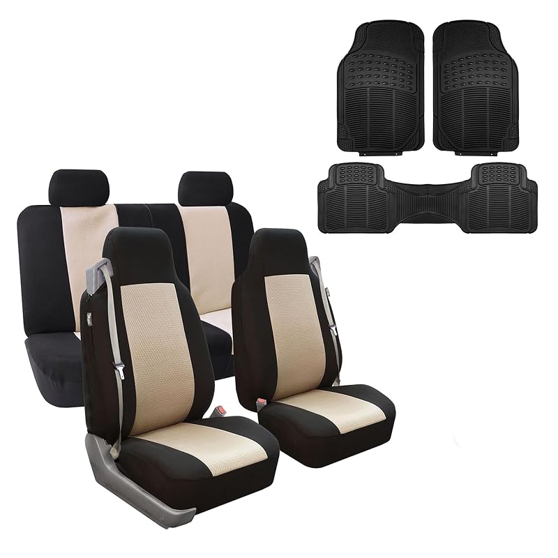 Capa para Banco de Carro FH Group em Tecido Plano Bege e Preto com Tapetes de Vinil, Kit Completo
