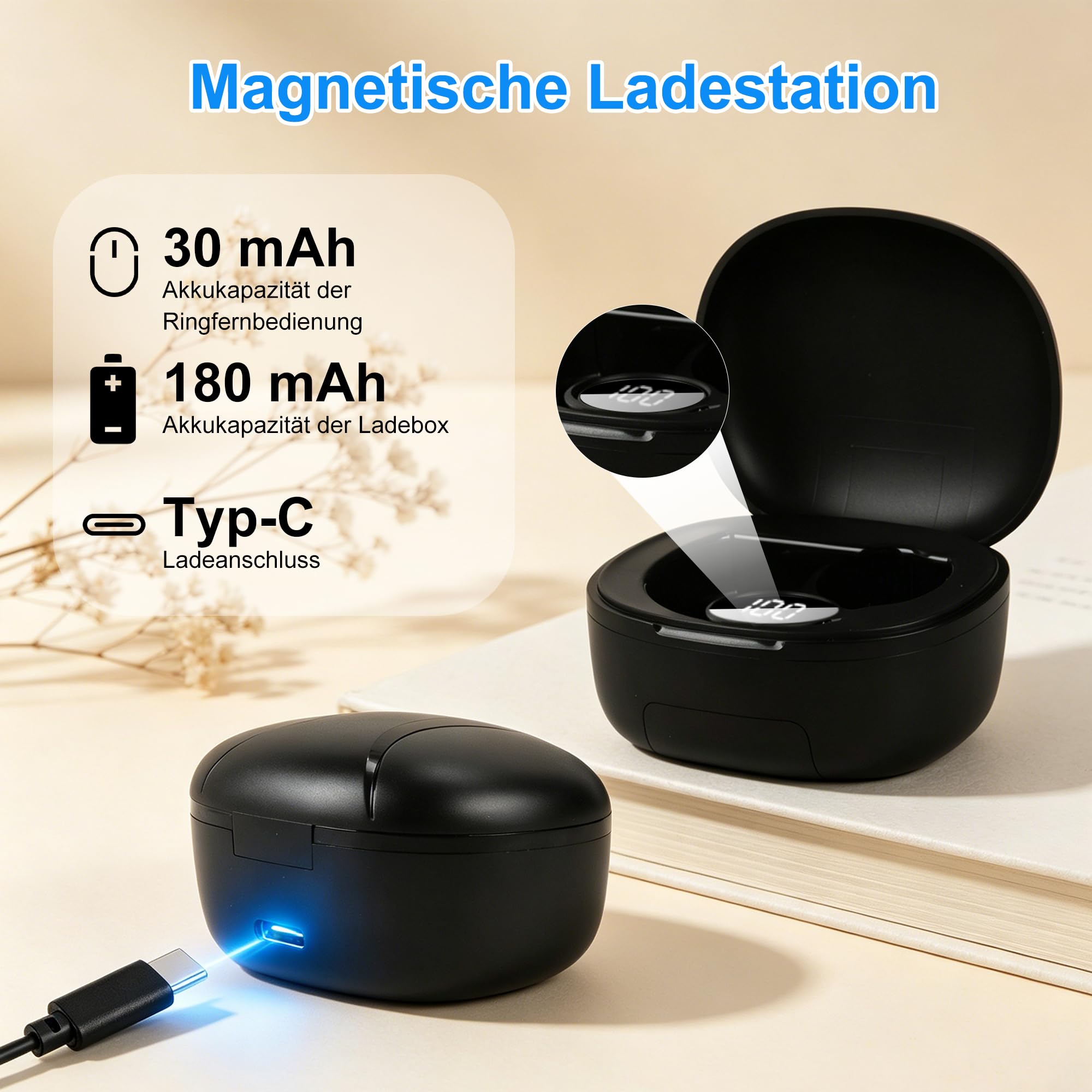 Kabellose Bluetooth-Fernbedienung, TikTok-Scrolling Ring Wiederaufladbarer mit Ladehülle, Remote Kurzvideo, Kamera Auslöser, E-Book PPT Seitenwender, für Smartphone Tablet Zuhause Reisen Büro-Schwarz