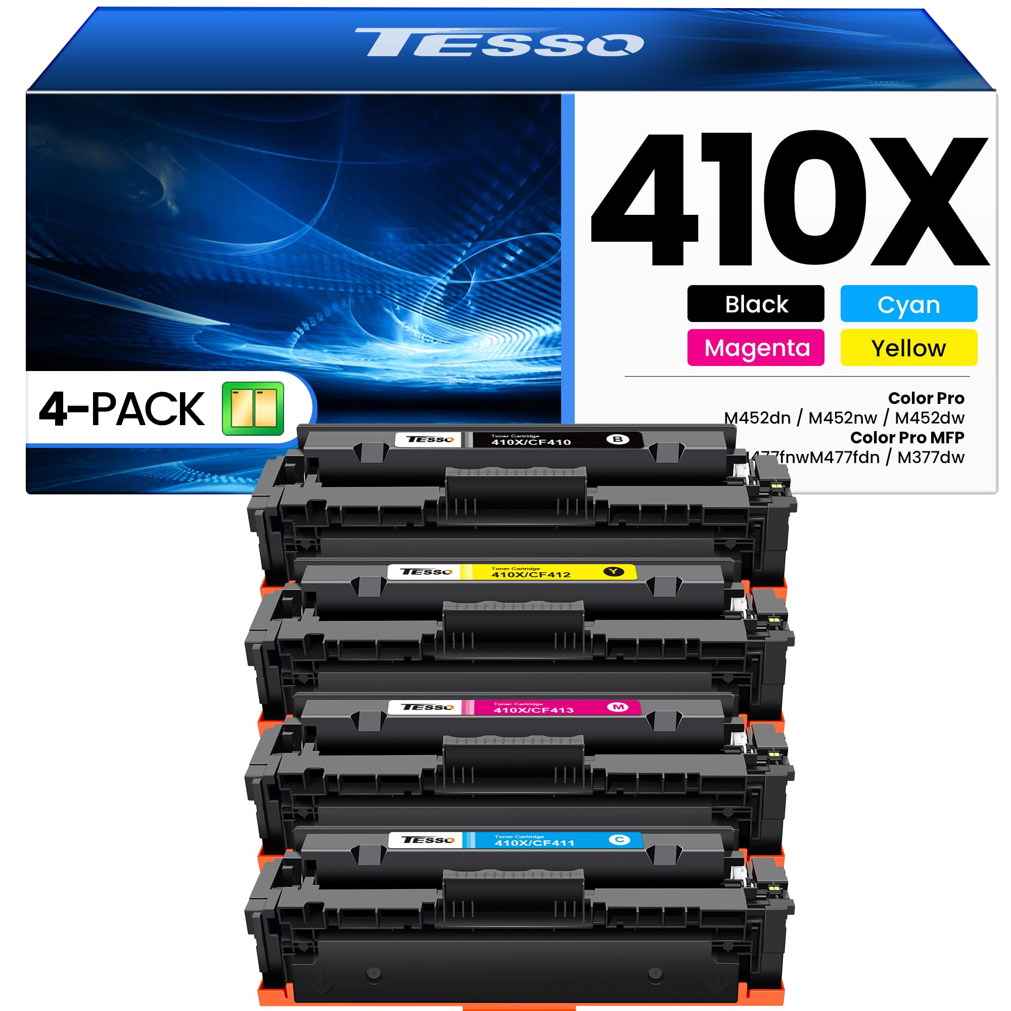 410X 410A Toner Cartridge 4 Pack - High Yield M477fnw Toner Replacement for HP 410A CF410A CF410X Toner Work with HP Color Laserjet Pro MFP M477fnw Toner, M477fdw Toner M452dn M452nw M377dw | CF410X
