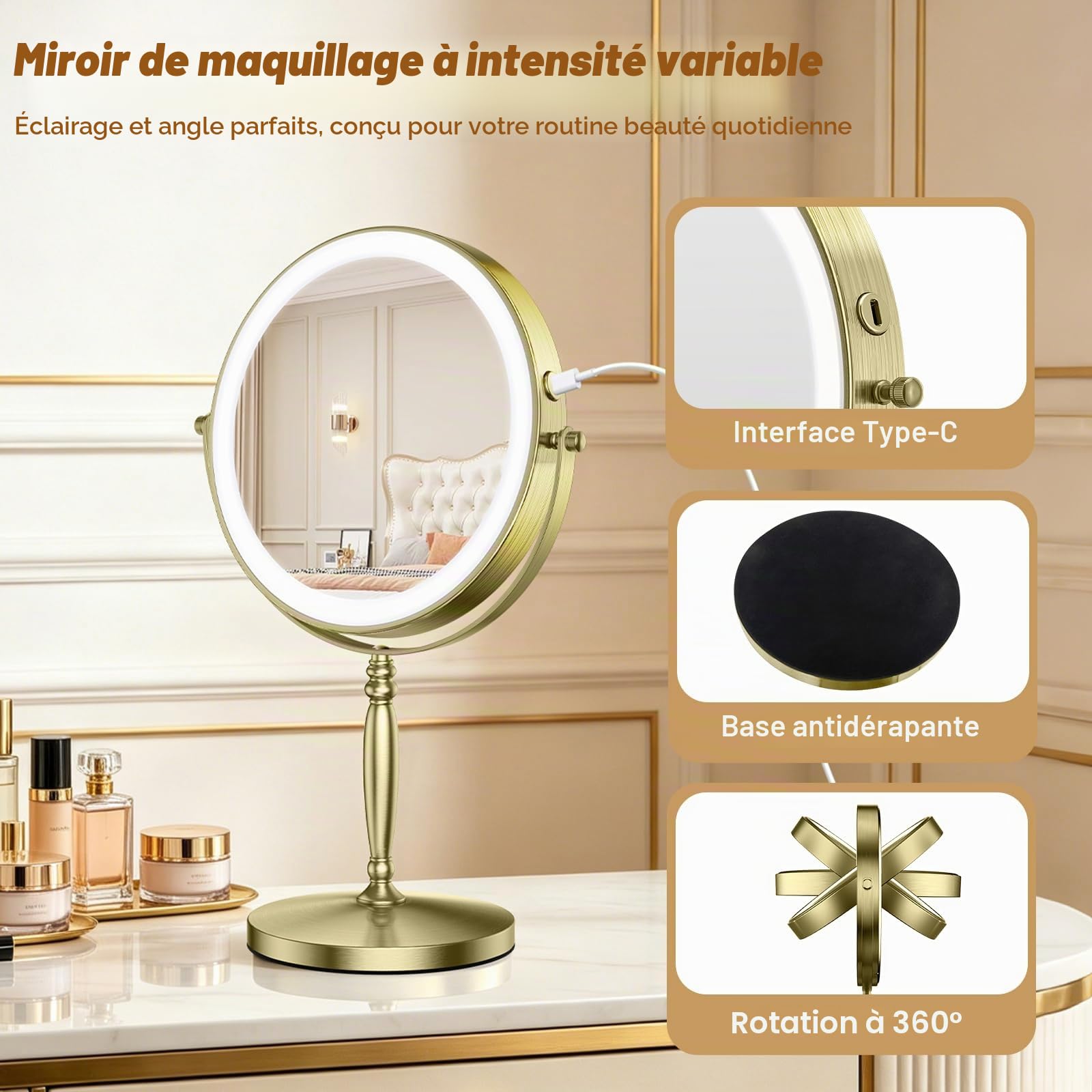 Matekxy Miroir de maquillage lumineux 20,3 cm avec grossissement – Miroir de bureau x1/10 LED rechargeables 3 couleurs laiton doré