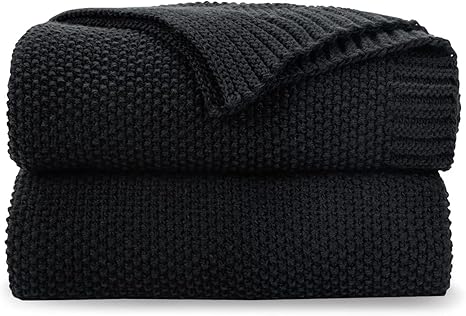 CozeCube Black Throw Blanket for Couch, Soft Cozy Cable Knit Throw for Bed Sofa Living Room, Lightweight Warm Decorative Farmhouse Christmas Blanket, 50"x60", Jet Black
