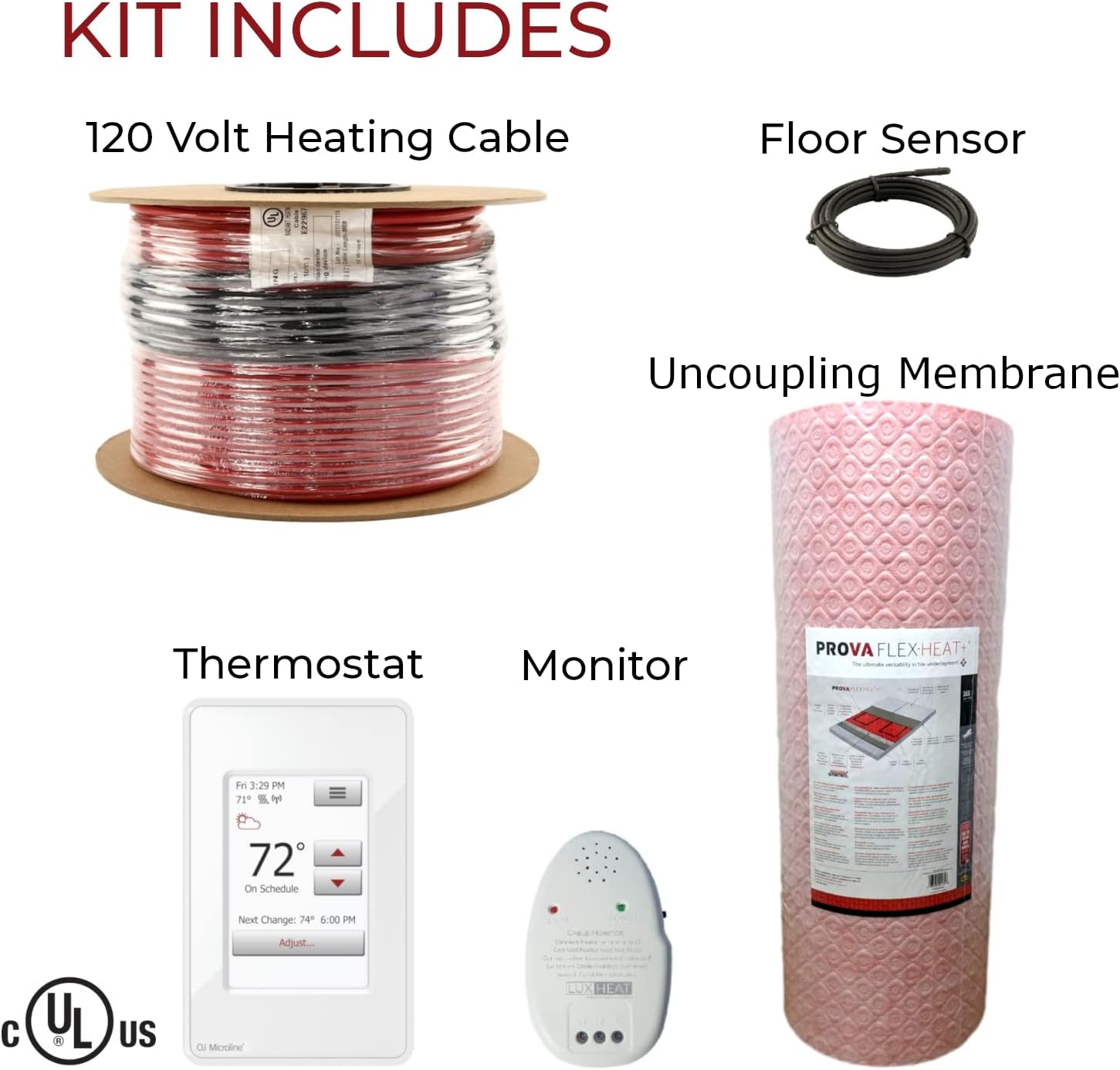 LuxHeat 80sqft Electric Radiant Floor Heating System - 120v Heated Tile Floor System - Includes UWG4 WiFi Programmable Thermostat w/GFCI, Uncoupling Membrane, Cable, Monitor & Flooring Sensor