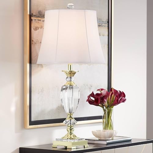 Vienna Full Spectrum Traditional Table Lamp 31" Tall Brass Gold Faceted Clear Crystal White Flared Bell Fabric Shade for Bedroom Living Room Nightstand Bedside Office House Home Family Entryway