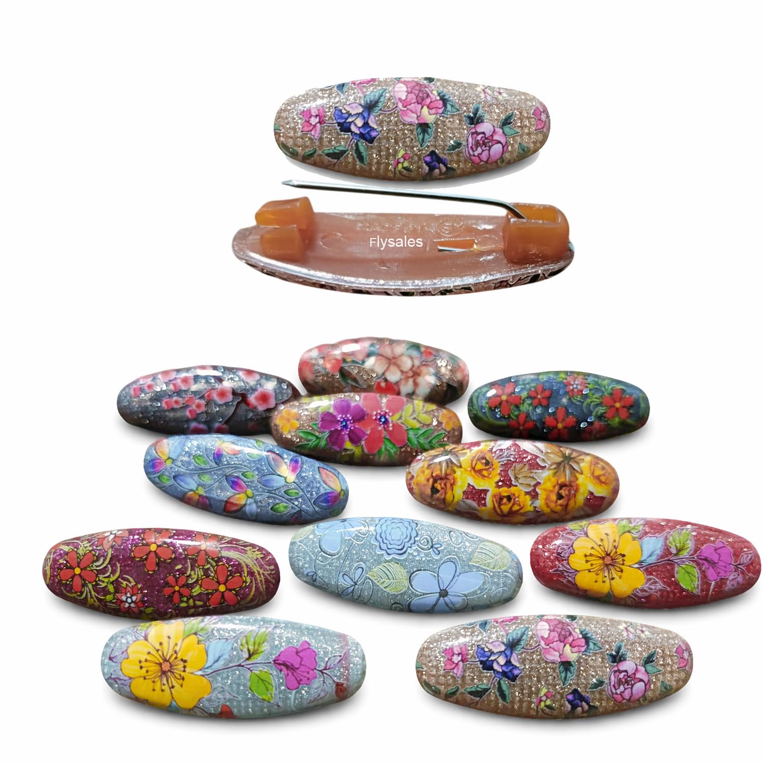 flysales 6 pcs Glitter Shiny Flower Design Plastic Saree Pins Hijab Chunri Dupatta Brooch For Women and Girls,Multicolor Flysales®-picture-48
