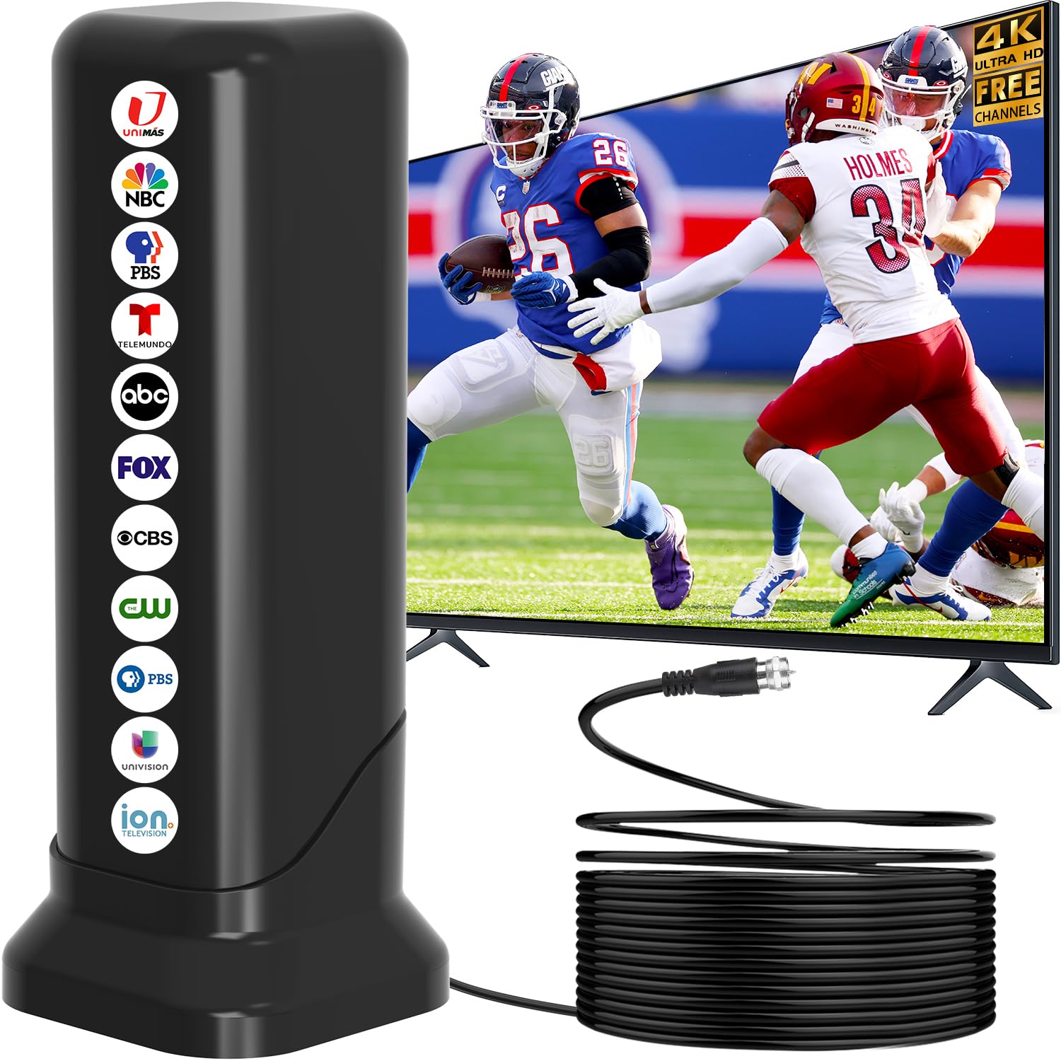 Antena de TV interior para Smart TV, antena digital HD 2025 para canales locales con recepción de largo alcance de 360° y base magnética fuerte, soporta 4K 1080p VHF UHF, fácil configuración y cable