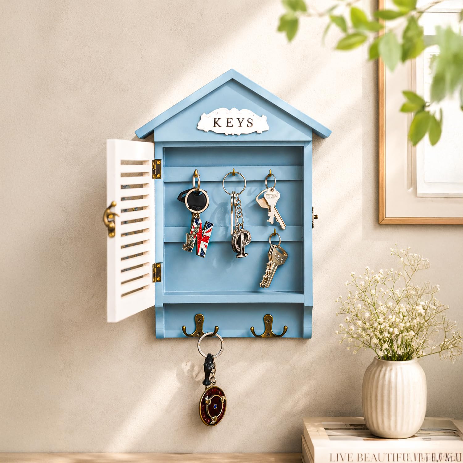 Market99 Wooden House Shaped Key Box Organiser | Blue and White Key Caddy for Home and Wall Decor | Wall Mounted Organiser Box with Hooks | Multipurpose-picture-11
