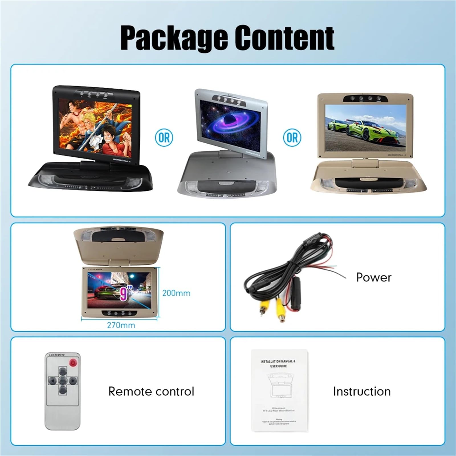 Monitor de Techo 9 Pulgadas Pantalla LCD Abatible Video Multimedia Montaje en Techo Negro