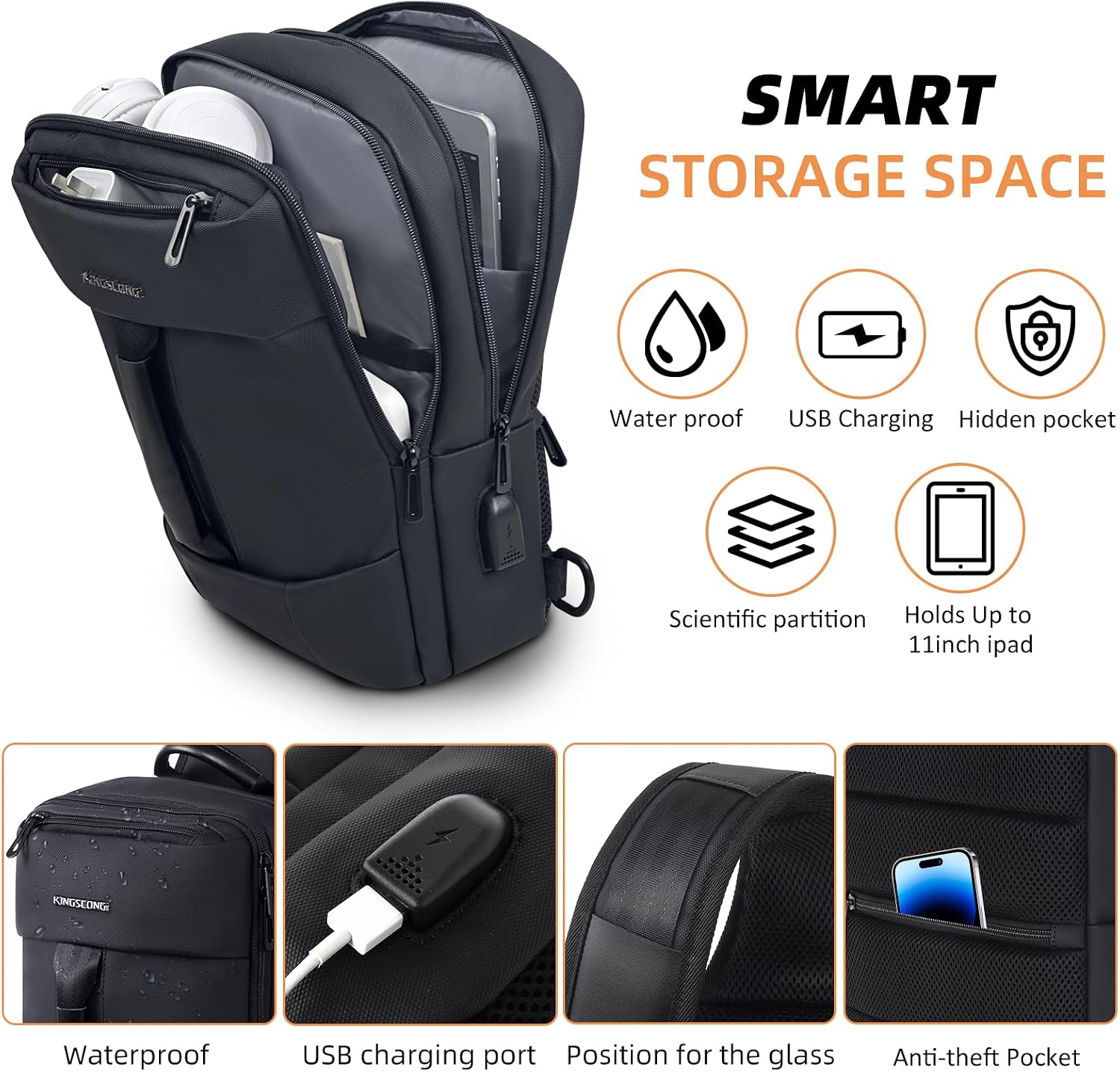 KINGSLONG 14-16 inch Sling Bag for Men,Black Crossbody Bag with USB Charging Port Fits 10.2inch iPad, Casual Daypack