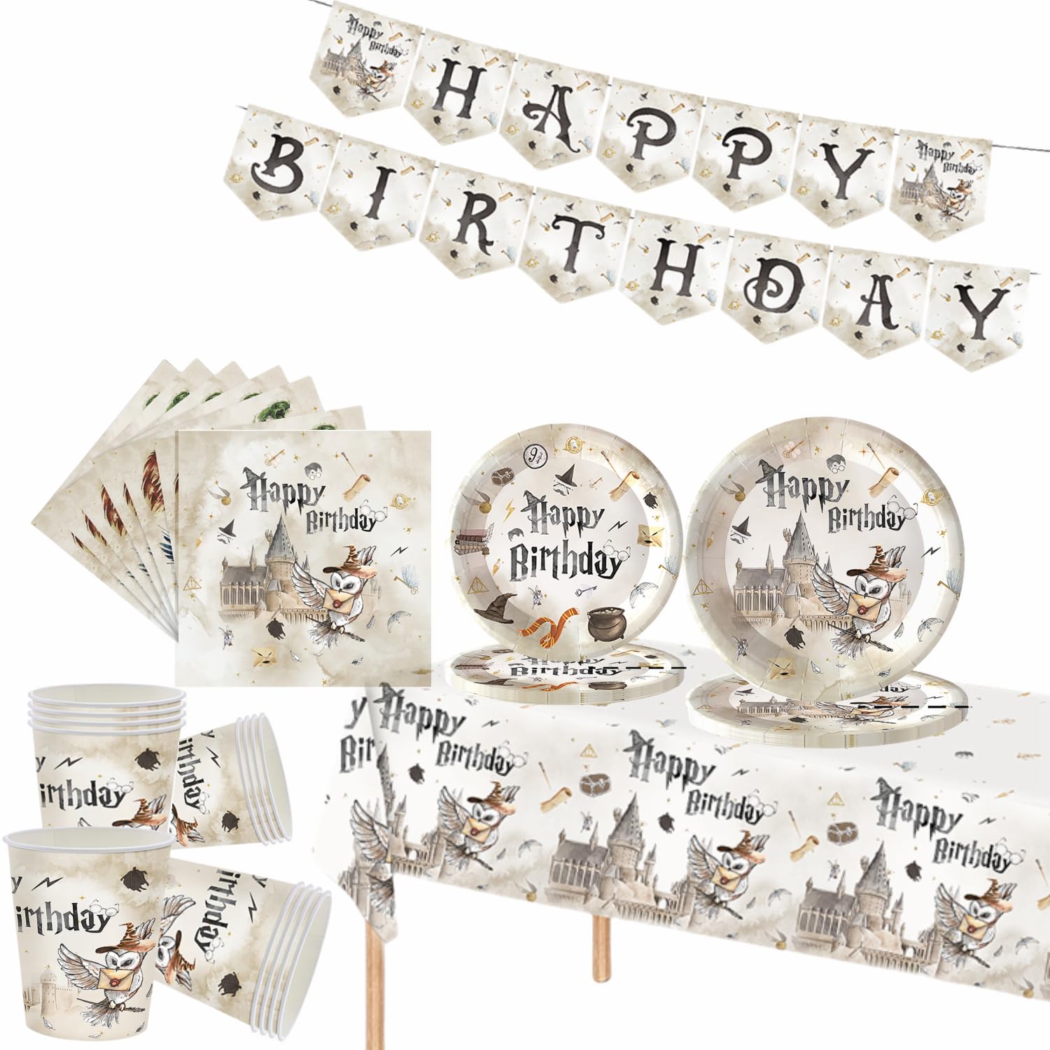 82pcs Sorcerer's Stone Birthday Party Tableware Set,Wizard Partys Dinnerware Magician Party Paper Cups Plates Napkins Tablecloth and HaryPoter Banner for Kids Adult Birthday Wizard PartyDecorate Kit
