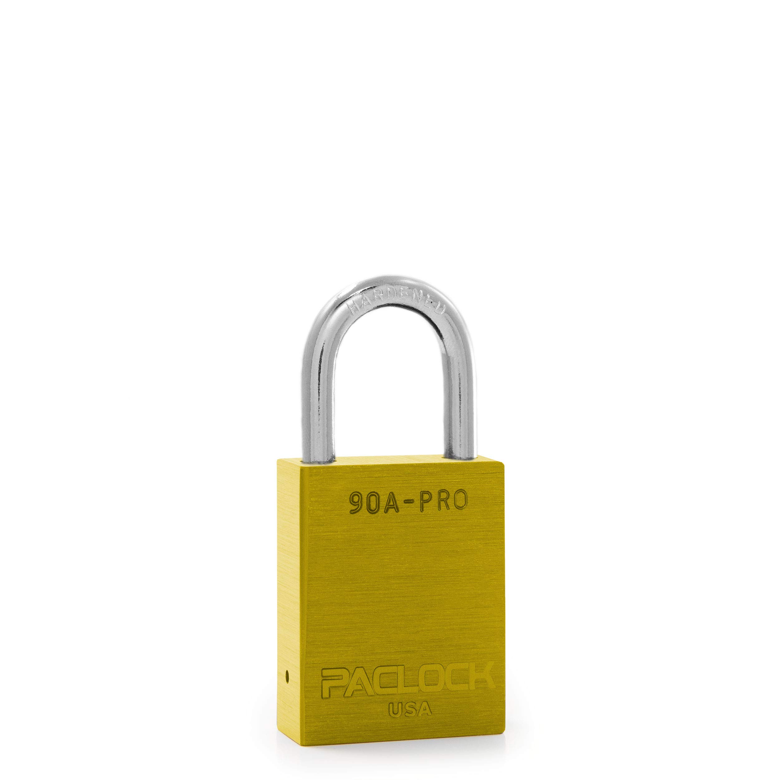 PACLOCK's 90A-PRO Padlock, 1/4" Diameter Hard. Steel Shackle, 1-3/16" Tall, High Performance 7-Pin Cylinder w/ 1 Key, Keyed Differently, Yellow