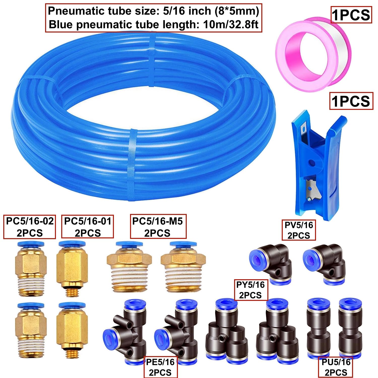 Manguera neumática HUAZIZ azul de 10 m de PU, manguera neumática de poliuretano de 5/16 pulgadas, diámetro exterior de 8 mm con 14 conectores neumáticos + 1 cortador de manguera