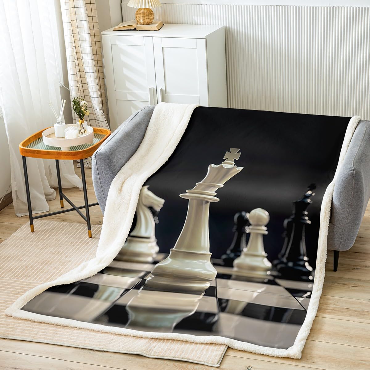 Feelyou International Chess Kids Fleece Throw Blanket Chess Games Sherpa Blanket Geometric Grid Plush Blanket for Bed Sofa Couch Checkered Room Decor