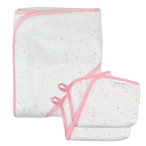 HonestBaby Juego de toallas y toallas con capucha de algodón orgánico unisex para bebé, 3 piezas, color blanco y rosa, talla única