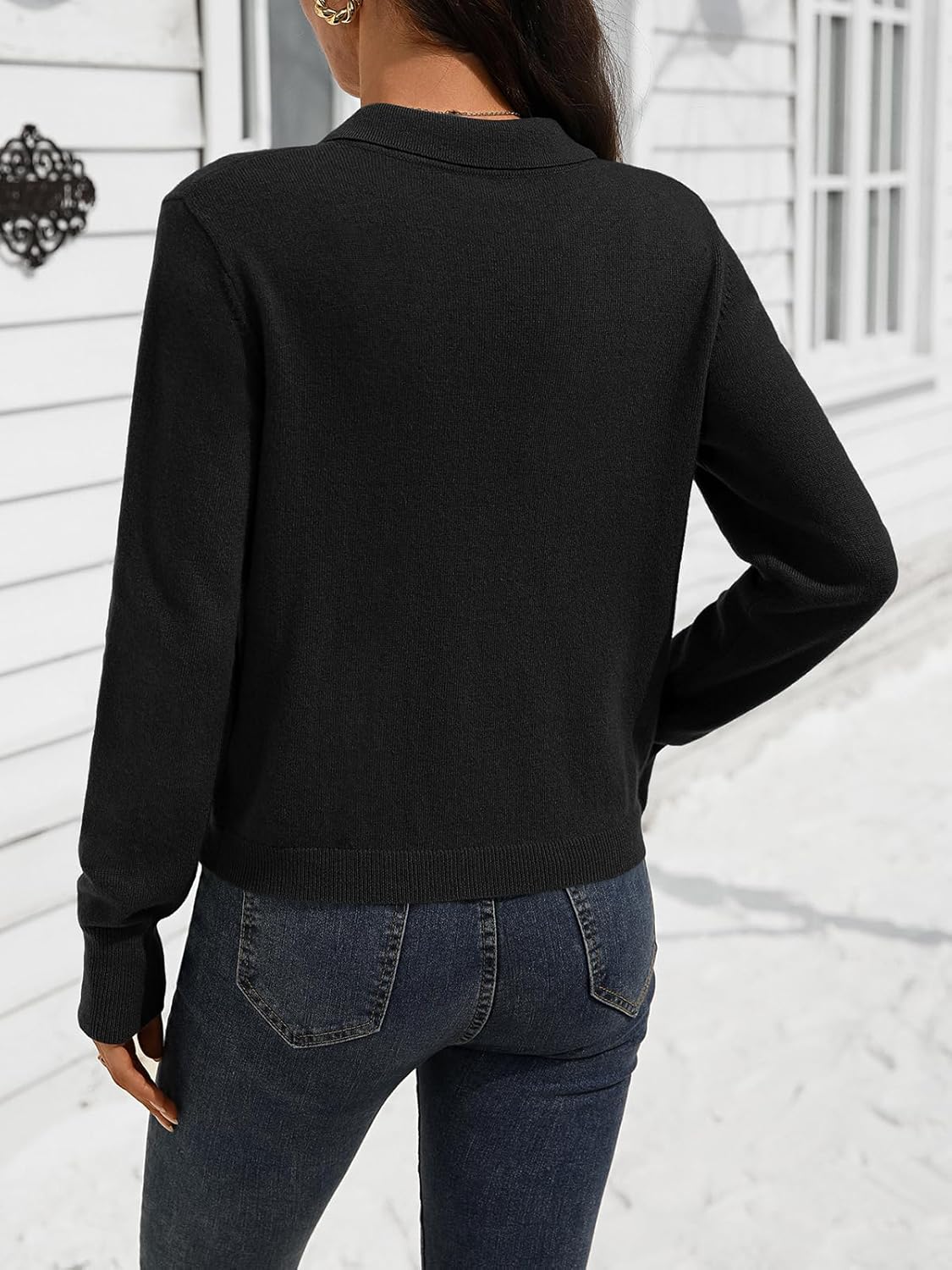 Women's Merino Wool Cropped Sweater 100% Wool Polo Collared Half Button up Long Sleeve Pullover Sweaters - Image 5