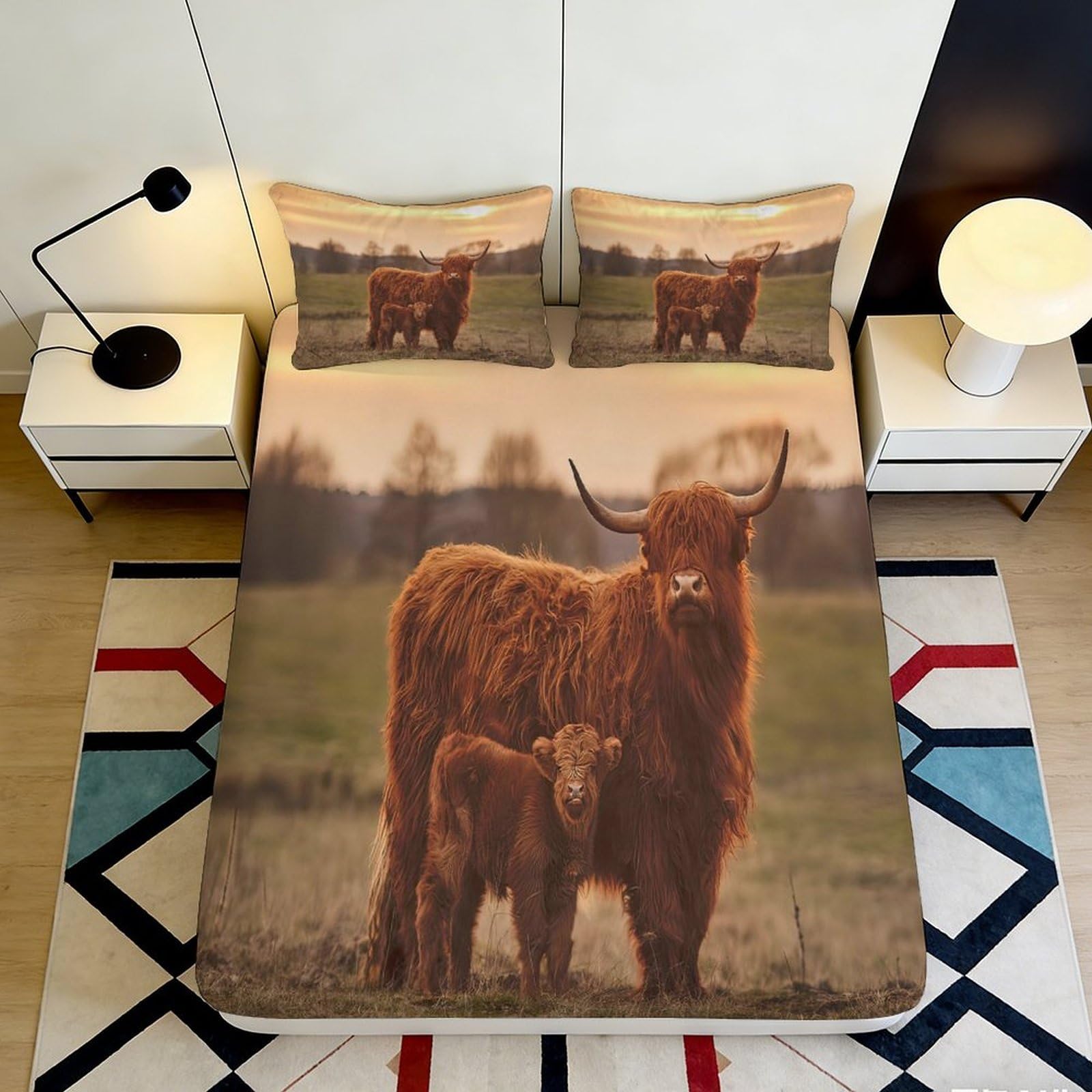 3D Printed Highland Cow Pasture Fitted Sheet Microfiber Soft Brown Calf Bed Cover for Bedroom Guest Room Decor 90x200x25cm