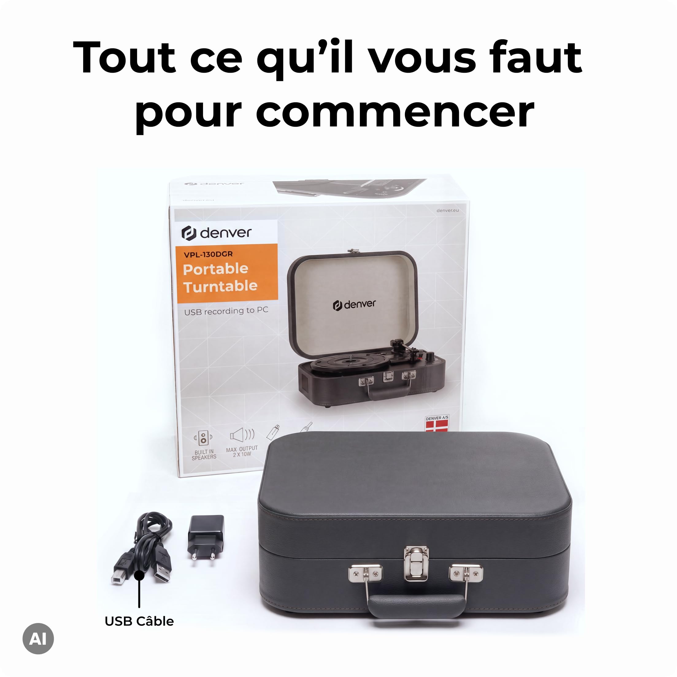 Denver VPL-130DGR Platine Vinyle Valise, Enregistrement USB vers PC, Haut-parleurs intégrés, Sortie RCA, Gris foncé