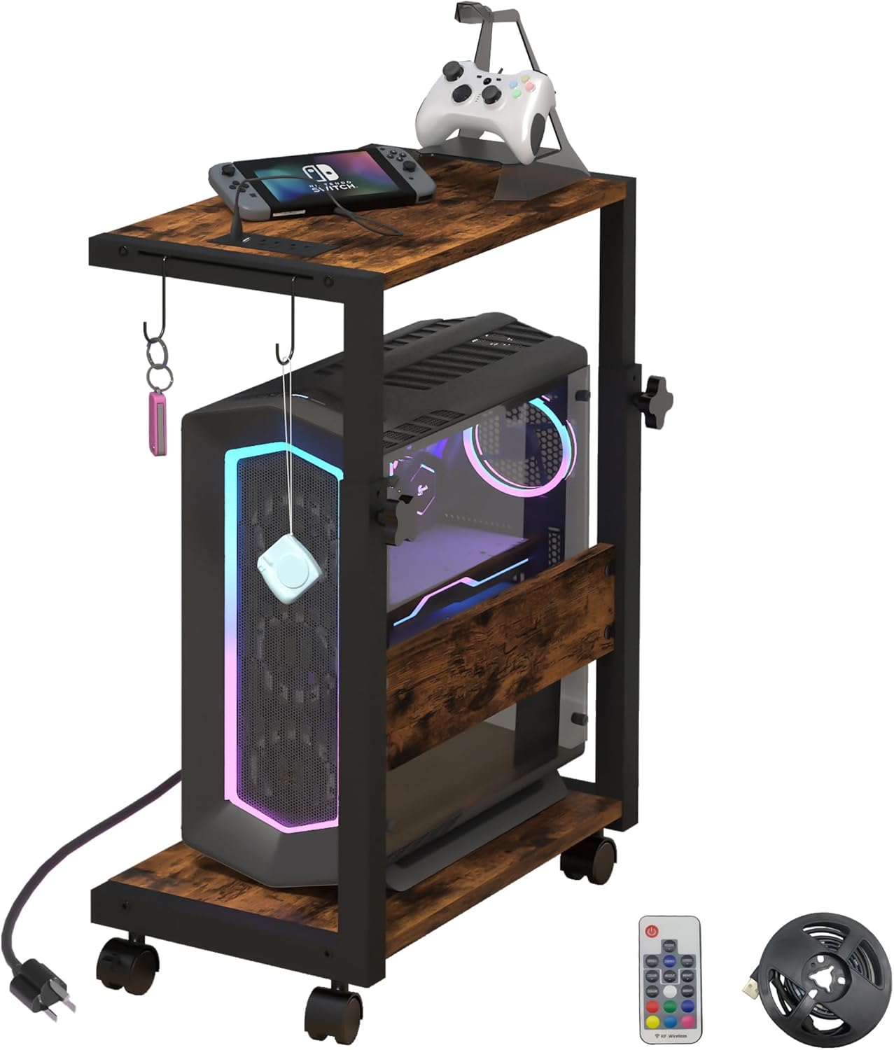 Computer Tower Stand with LED Light Strip,Mobile Rolling CPU Holder,Height Adjustable PC Tower Stand with Charging Station for Office Home (White)