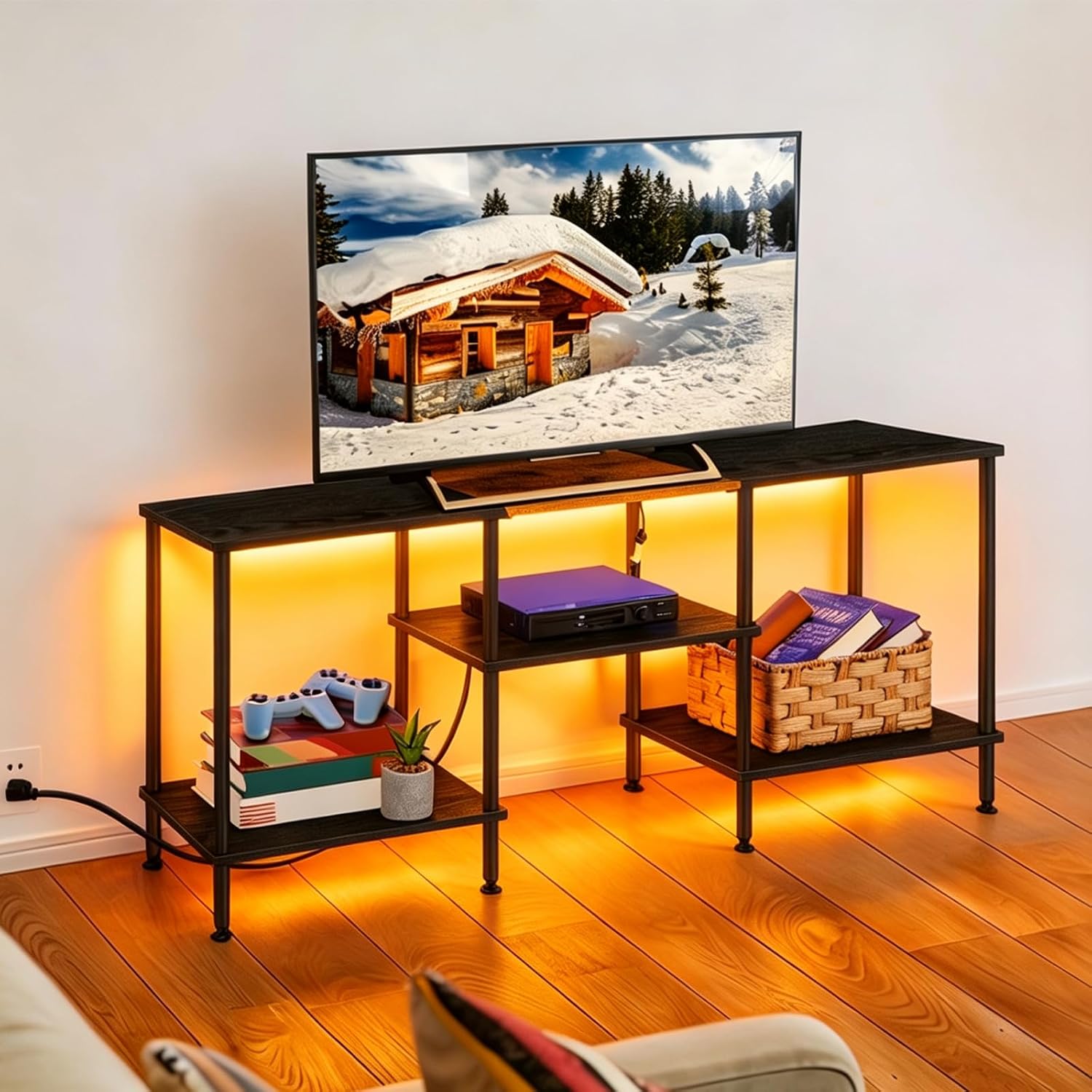 Black TV Stand with LED Lights, Industrial Media Console for Living Room | Fits 32-50 Inch TVs, 3 AC Outlets & 2 USB Ports, 20 Color LED Lights, Storage Shelves for Bedroom, Supports 150lbs