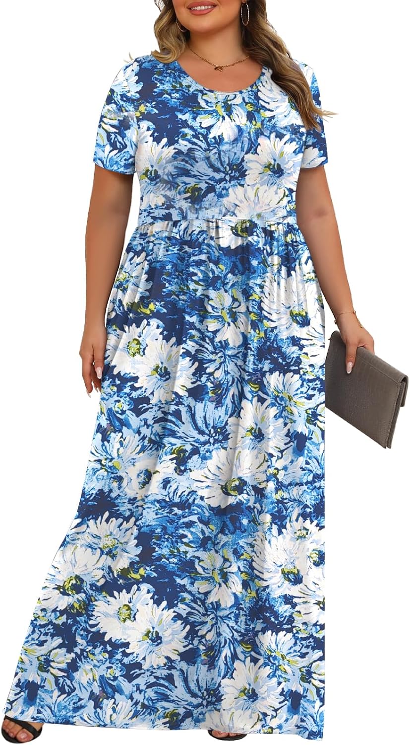 Tencede Womens Plus Size Maxi Dresses Summer 2026 Casual Short Sleeve with Pockets Long Dress 1X-5X - Image 3