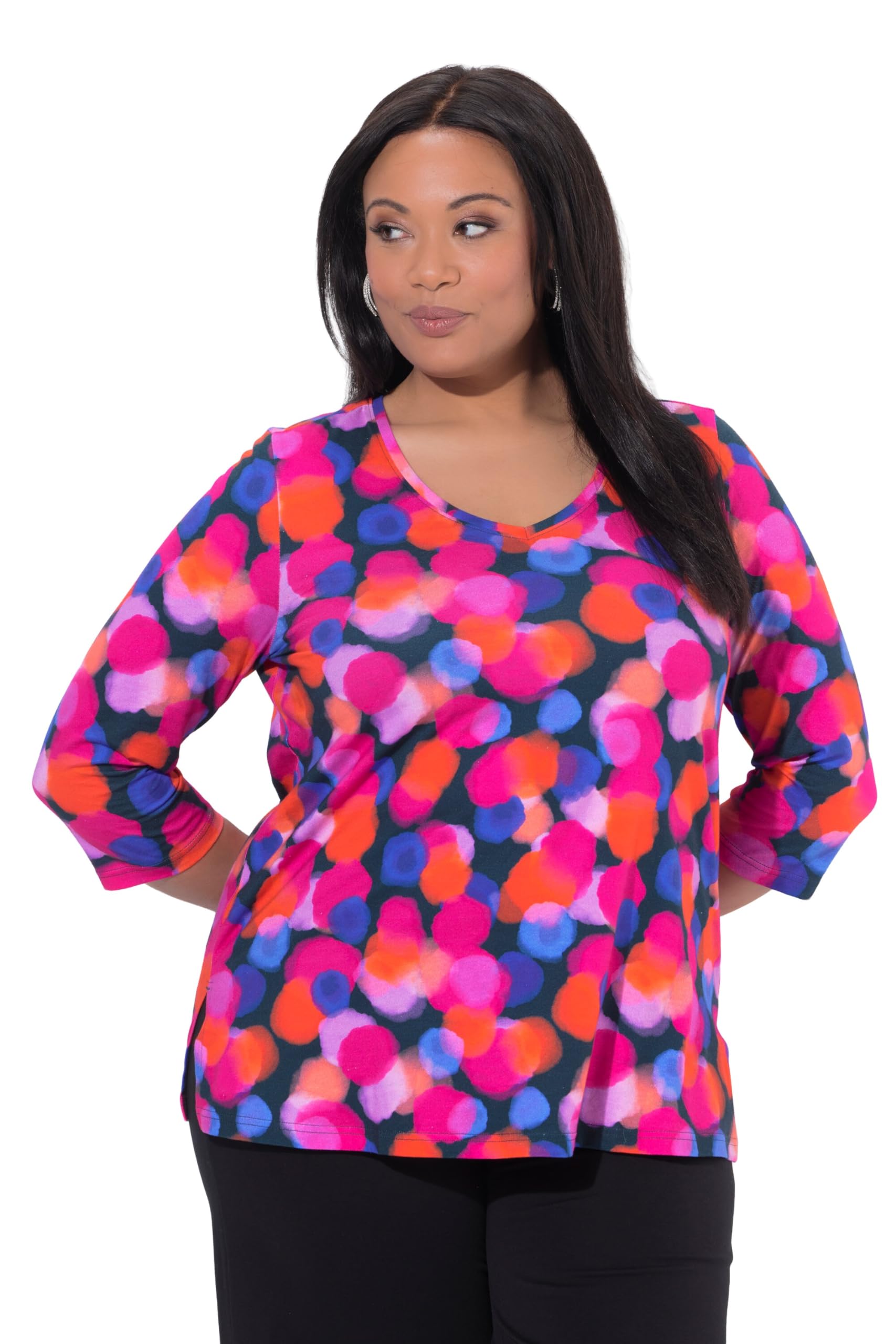 Ulla Popken Damen große Größen Übergrößen Plus Size Longshirt, Punkte, A-Linie, V-Ausschnitt, 3/4-Arm 847017
