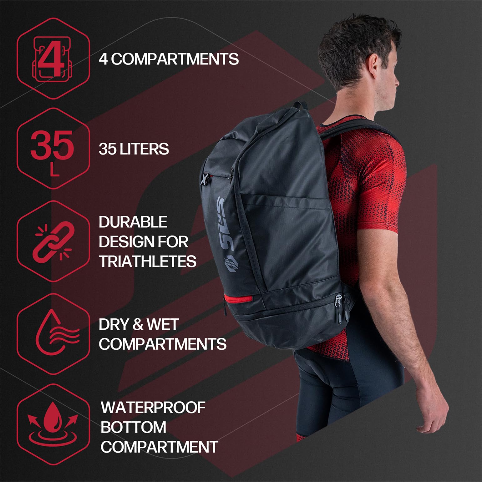 SLS3 Triathlon Backpack - 35L Triathlon Transition Bag with Dry & Wet Compartments - Large Tri Swim Backpack, Great Storage