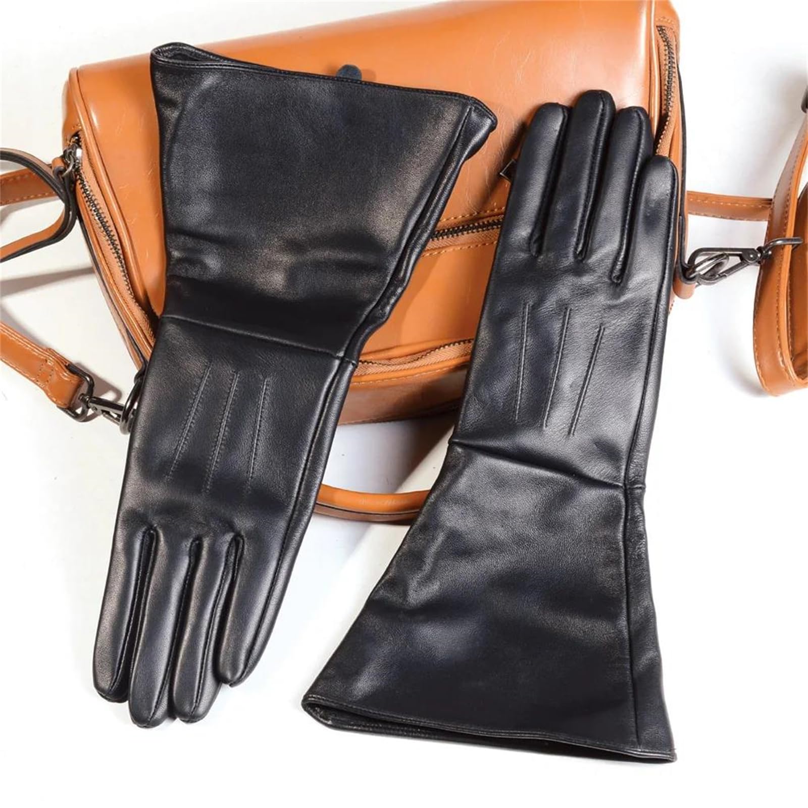 Guantes largos de piel de oveja auténtica negra para mujer, longitud al codo, medieval, renacentista, cosplay, guantes de vestir