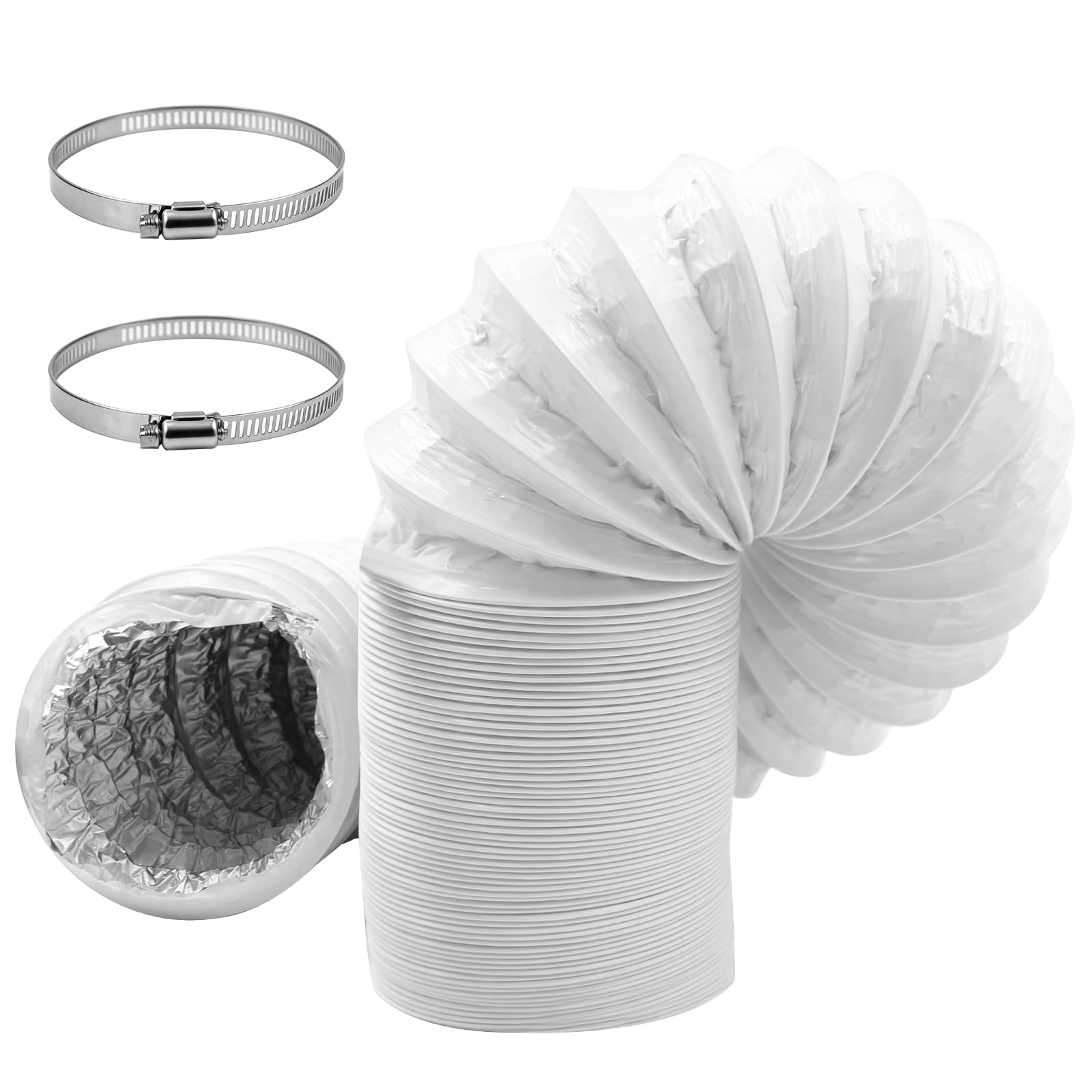 Vidoxdu 4inch x 10ft(3M) Air Conditioning Duct Hose, 100mm Flexible PVC Aluminium Ventilation Pipe with 2 Clamps for Tumble Dryer, Cooker Hood, Extractor Fan, Air Condition - White