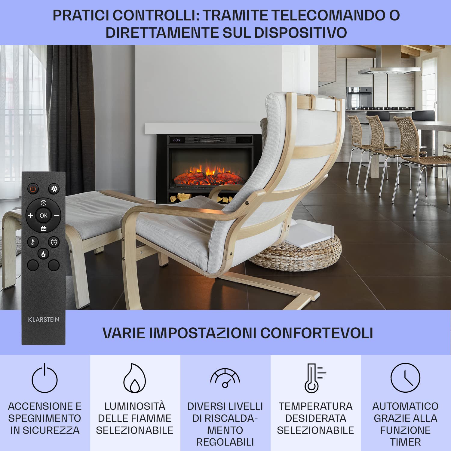 Klarstein Camino Elettrico Basso Consumo, con Mensola, da Parete, Caminetto Finto da Terra, 1900W, Decorativo con LED, Telecomando, Timer, Controllo Temperatura
