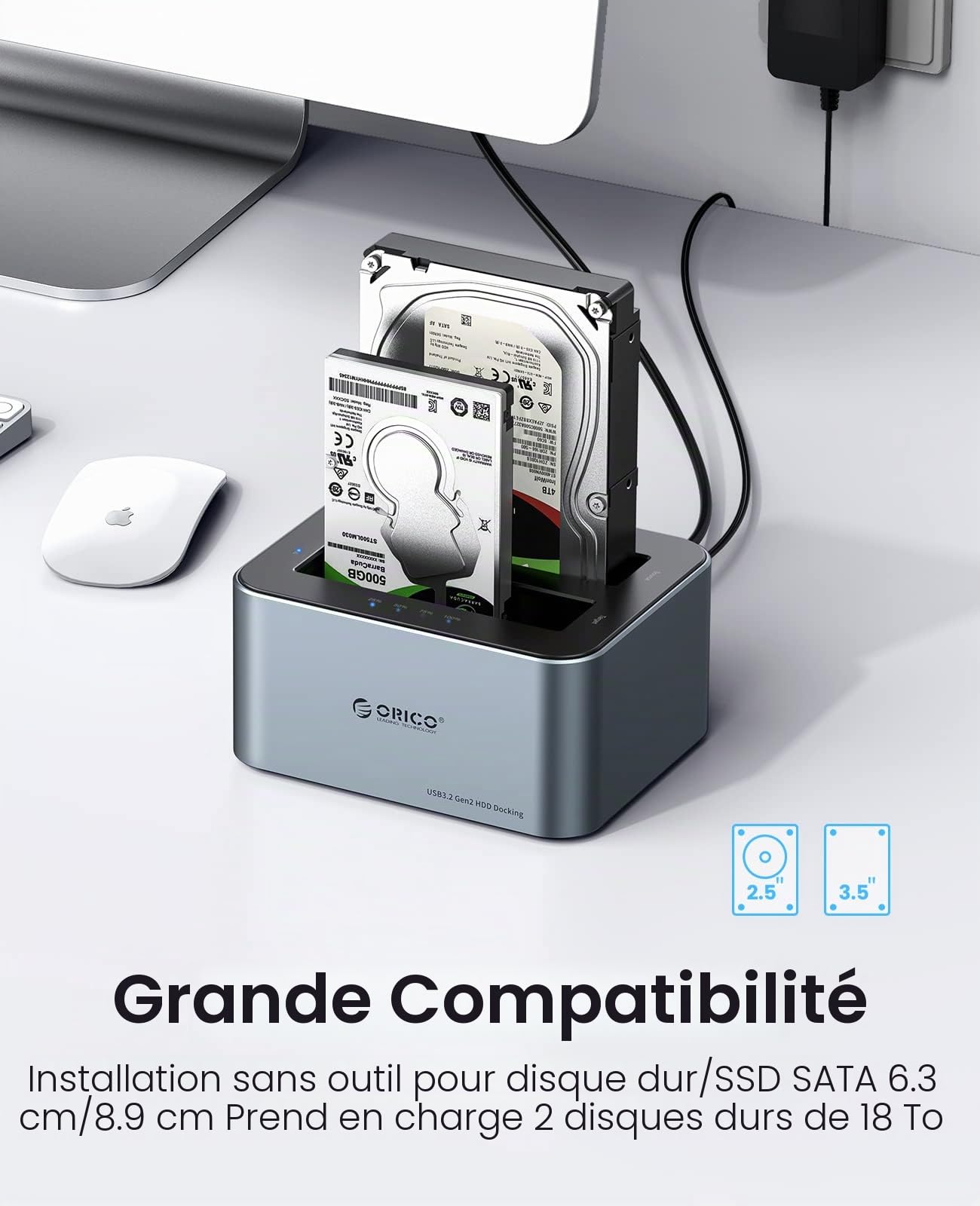 ORICO Aluminium Dual Stations d'accueil pour Disque Dur pour SATA de 2,5/3,5" SSD/HDD, avec UASP, Prend en Charge 2*18 TB, USB 3.2 Gen 2 Dock Disque avec 12V 2A Alimentation, sans Outil.(6626C-C3)