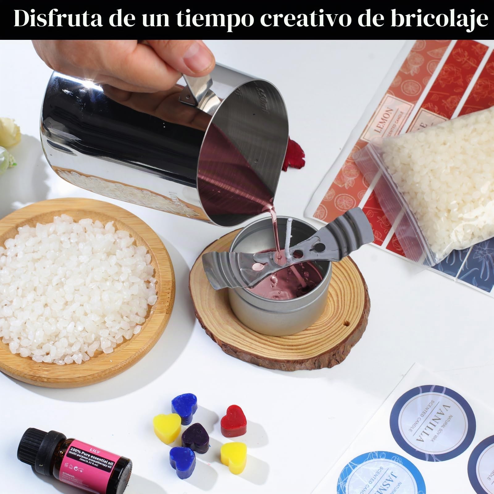 TEPENAR Kit de fabricación de velas DIY – Juego de velas perfumadas con cera de soja y abejas, latas de vela plata, soporte para mecha, cera de abejas, olla de fusión como regalo para adultos