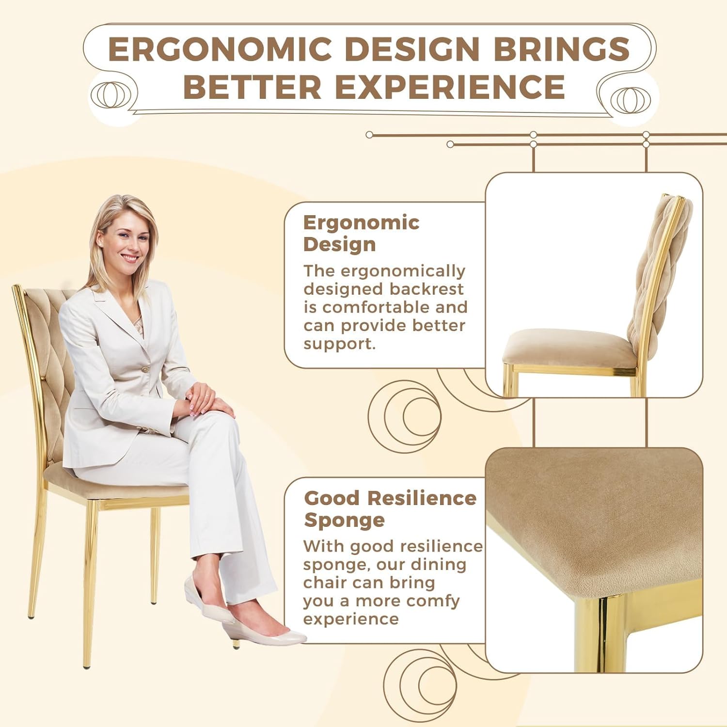 Velvet Dining Chairs Set of 8, Modern Upholstered Kitchen Chairs with Gold Metal Legs, Woven Velvet Fabric and High Back, Dirt Resistance, Easy to Assemble, for Home, Living Room - Brown