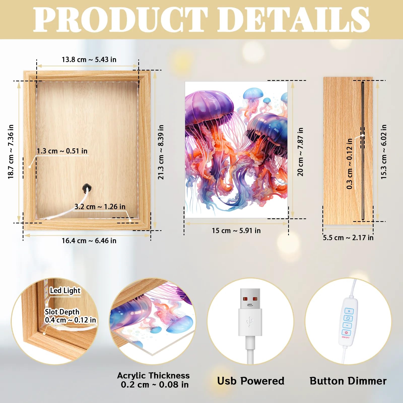 Light Up Painting, Magical Jellyfish Wall Art Picture Light Watercolor Jellyfish Light Up Art Decor, 10 Brightness USB Powered 3 Lighting Modes, Anxiety Relief Gift for Bedroom Home-Without Frame