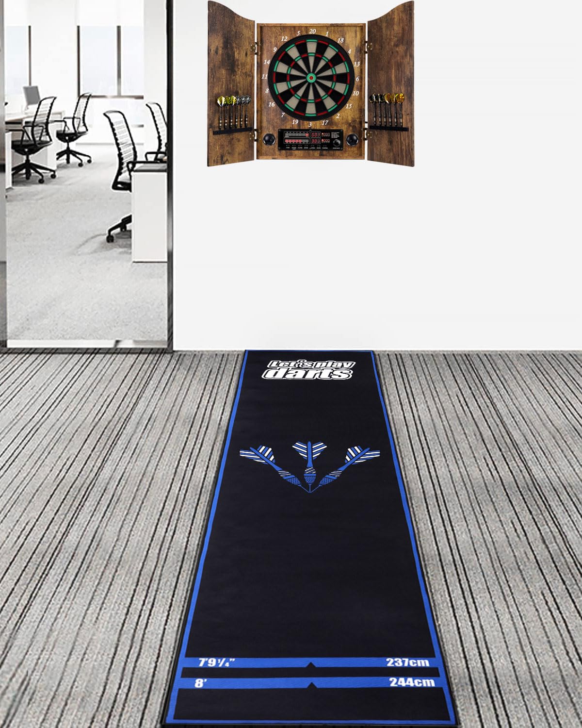 Tapis de Fléchettes Professionnel avec Système de Ligne Oche & Lignes de Lancer – Tapis de Fléchettes Premium pour Sol | 260 x 60 cm | Idéal comme Cadeau