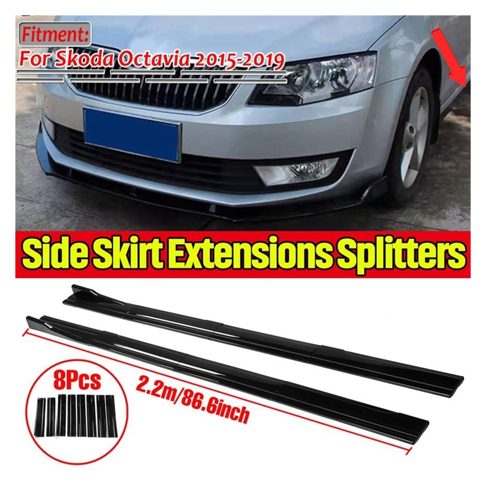 8 sztuk 2.2m boczna dokładka samochodu rozszerzenie Splitter Winglet boczne skrzydło spojler zderzaka kompatybilny dla Skoda Octavia 2015 2016 2017 2018 2019