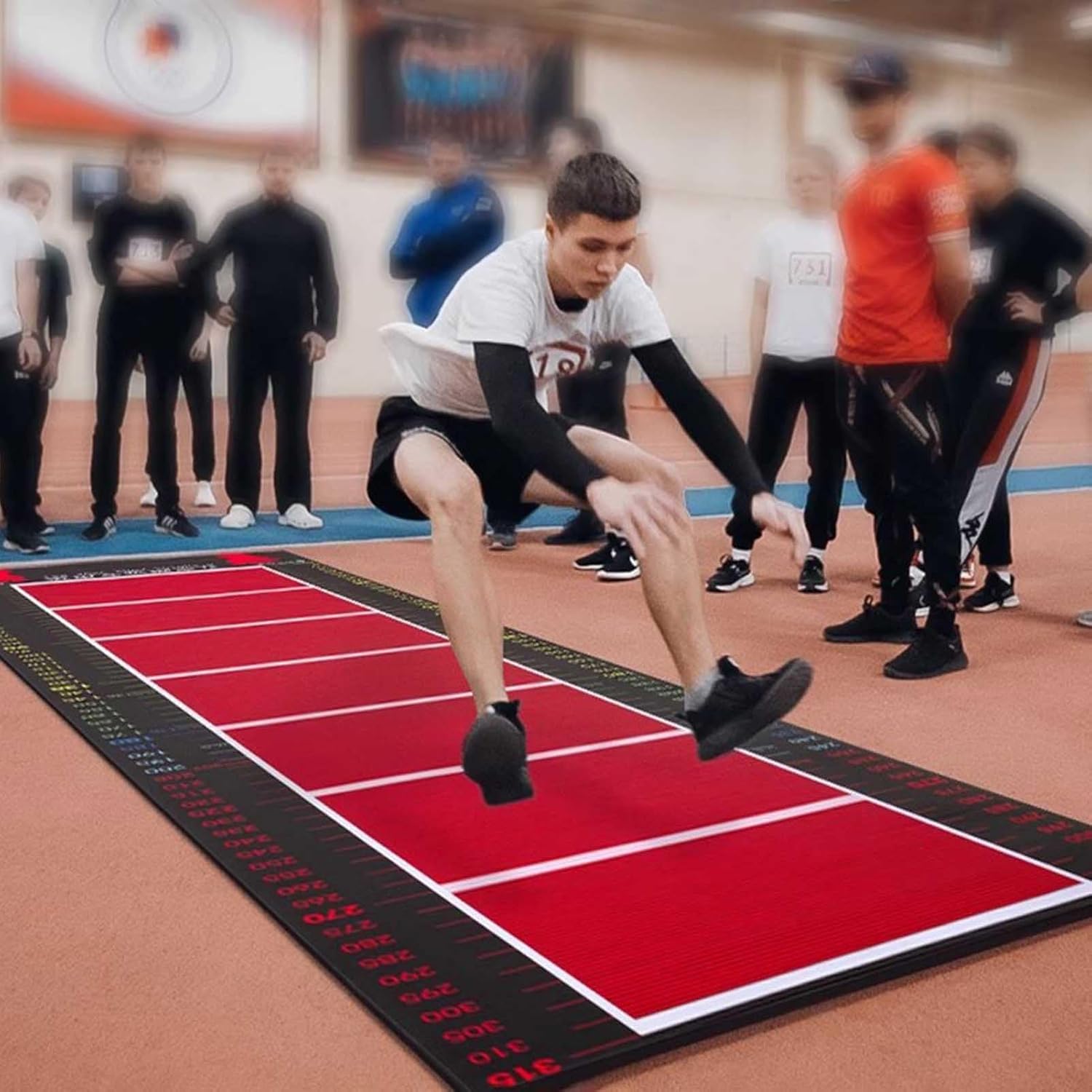 レッド スタンディングロングジャンプ練習マット 屋外学校用エクササイズマット スタジアムジム用 滑り止めジャンプトレーニングテストボ